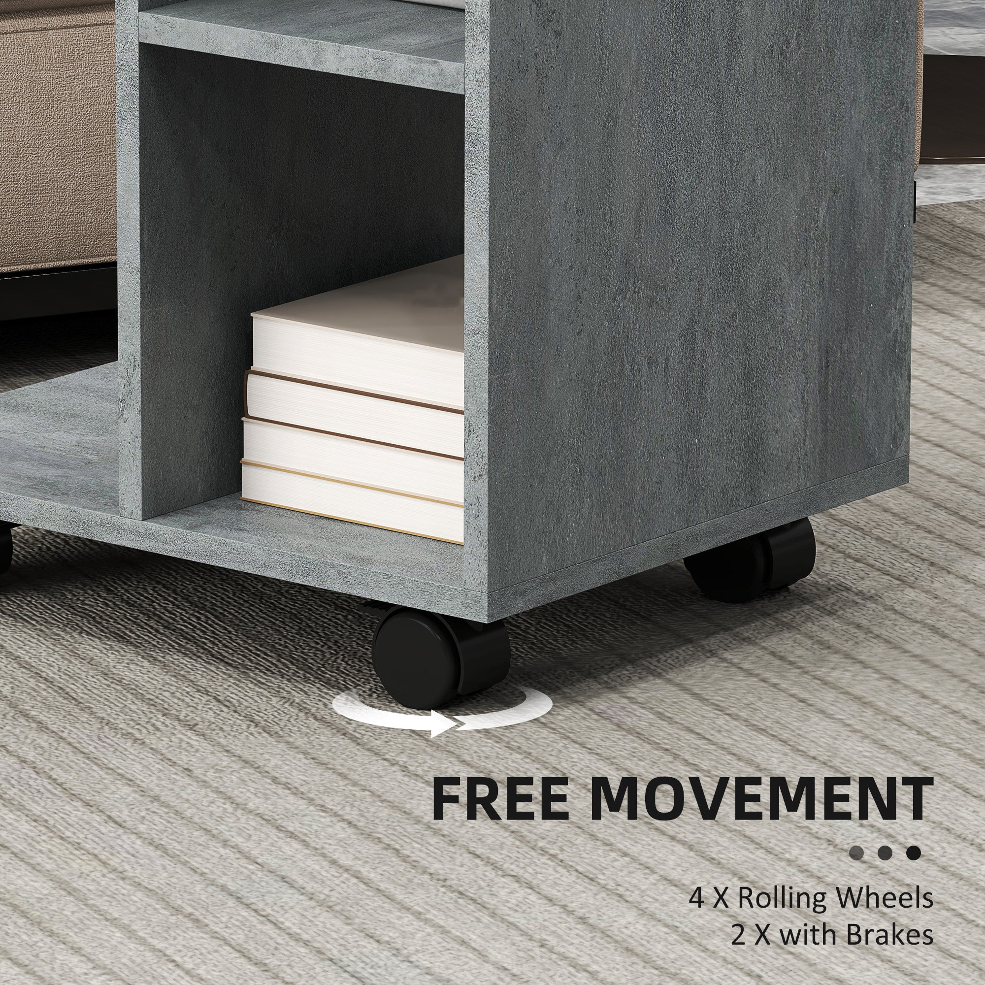 HOMCOM C-Shape End Table Unique Storage Unit w/ 2 Shelves 4 Wheels Freestanding Home Office Furniture Cabinet Square Studio Grey - North Peak Garden Furniture