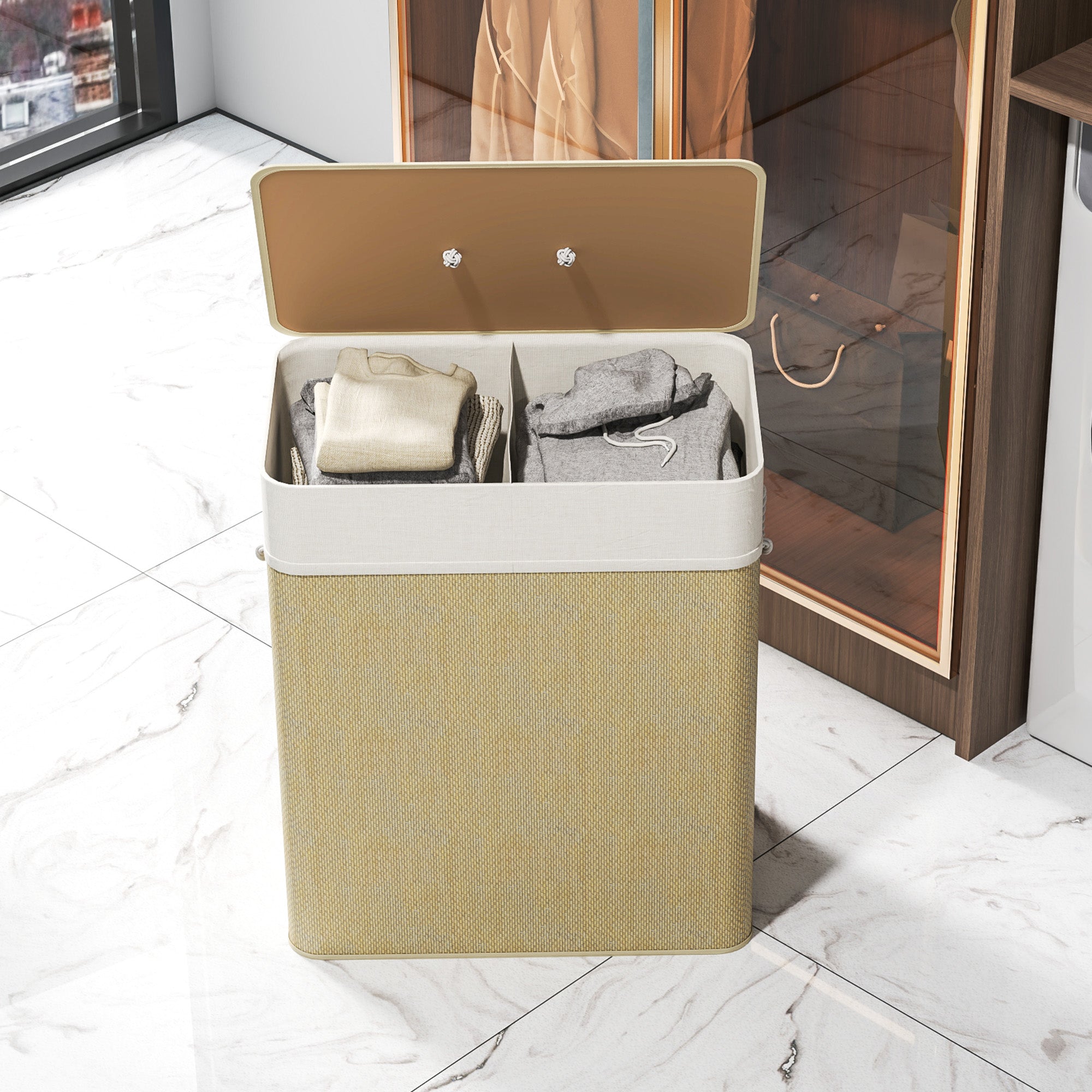 HOMCOM Double Laundry Basket with Lid, 100L Bamboo Laundry Hamper with Rope Handles, Washing Basket with Removable Liner for Bathroom, Bedroom, Cream White - North Peak Garden Furniture