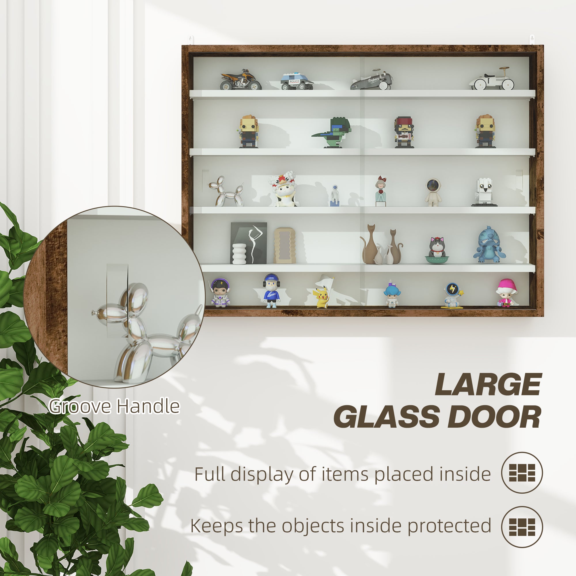 HOMCOM 5-Tier Wall Display Shelf Unit Cabinet w/ 4 Adjustable Shelves Glass Doors Home Office Ornaments 60x80cm Rustic brown - North Peak Garden Furniture