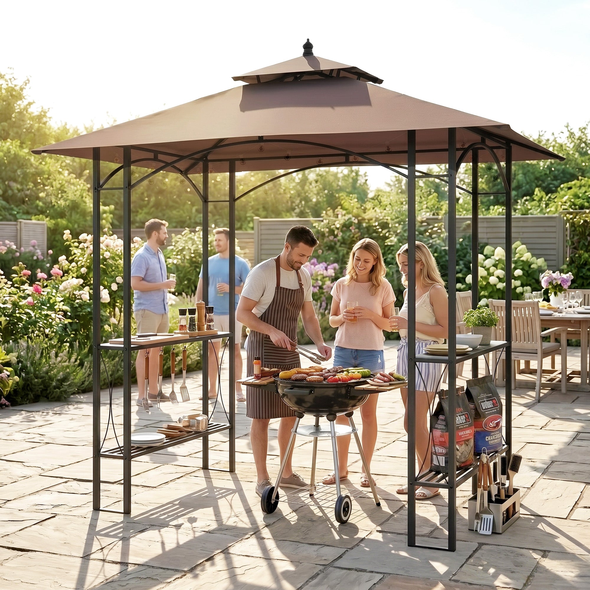 Outsunny 2.5 x 1.5m BBQ Tent Canopy Patio Outdoor Awning Gazebo Party Sun Shelter - Coffee