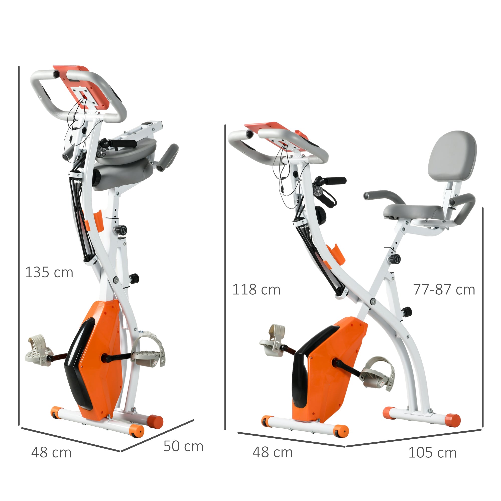 HOMCOM 2-in-1 Folding Exercise Bike with 8-Level Magnetic Resistance, Arm Resistance Band, Pulse Sensor, Orange - North Peak Garden Furniture