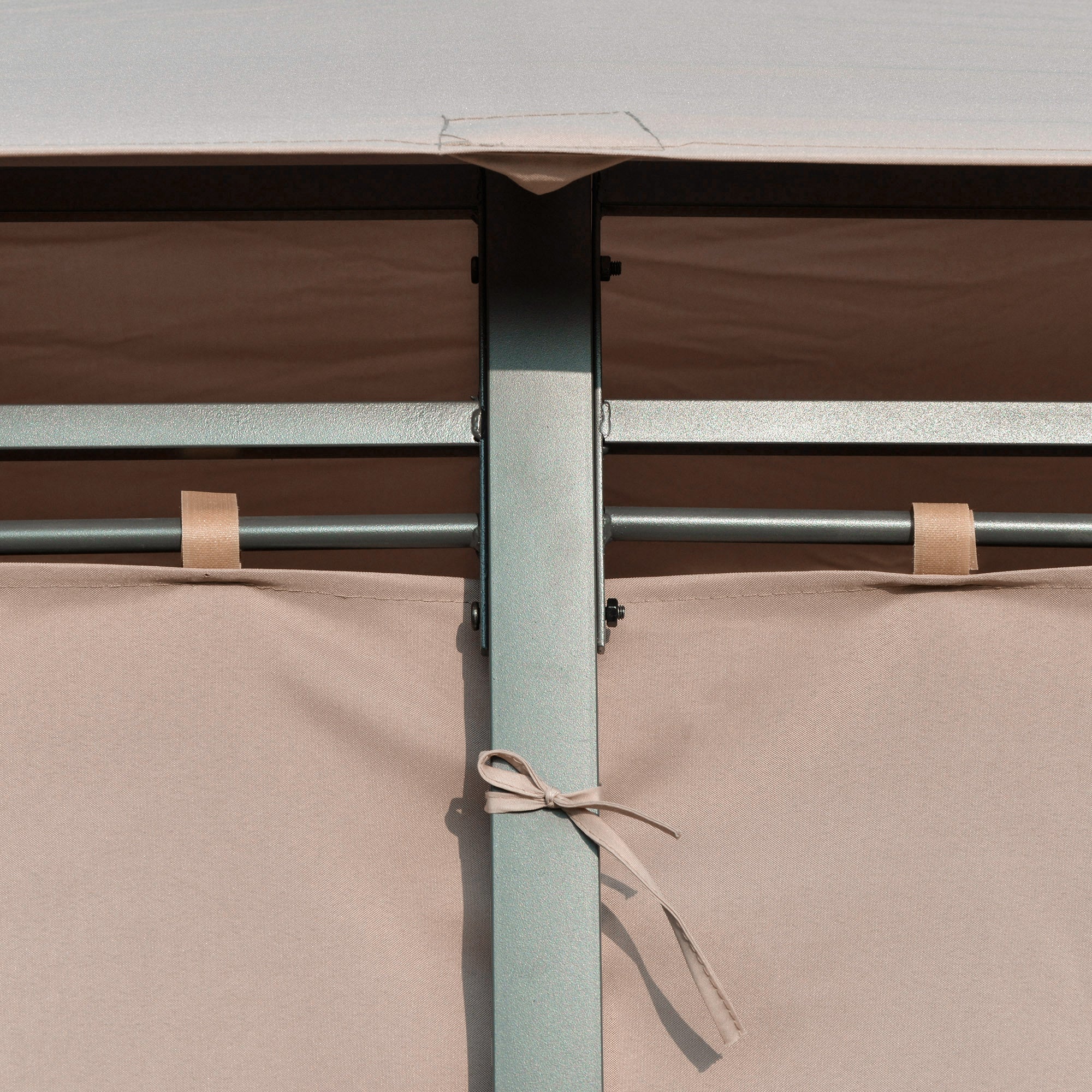 Outsunny 4 x 3(m) Outdoor Gazebo Canopy Party Tent Garden Pavilion Patio Shelter w/ LED Solar Light, Double Tier Roof, Curtains, Steel Frame, Khaki - North Peak Garden Furniture