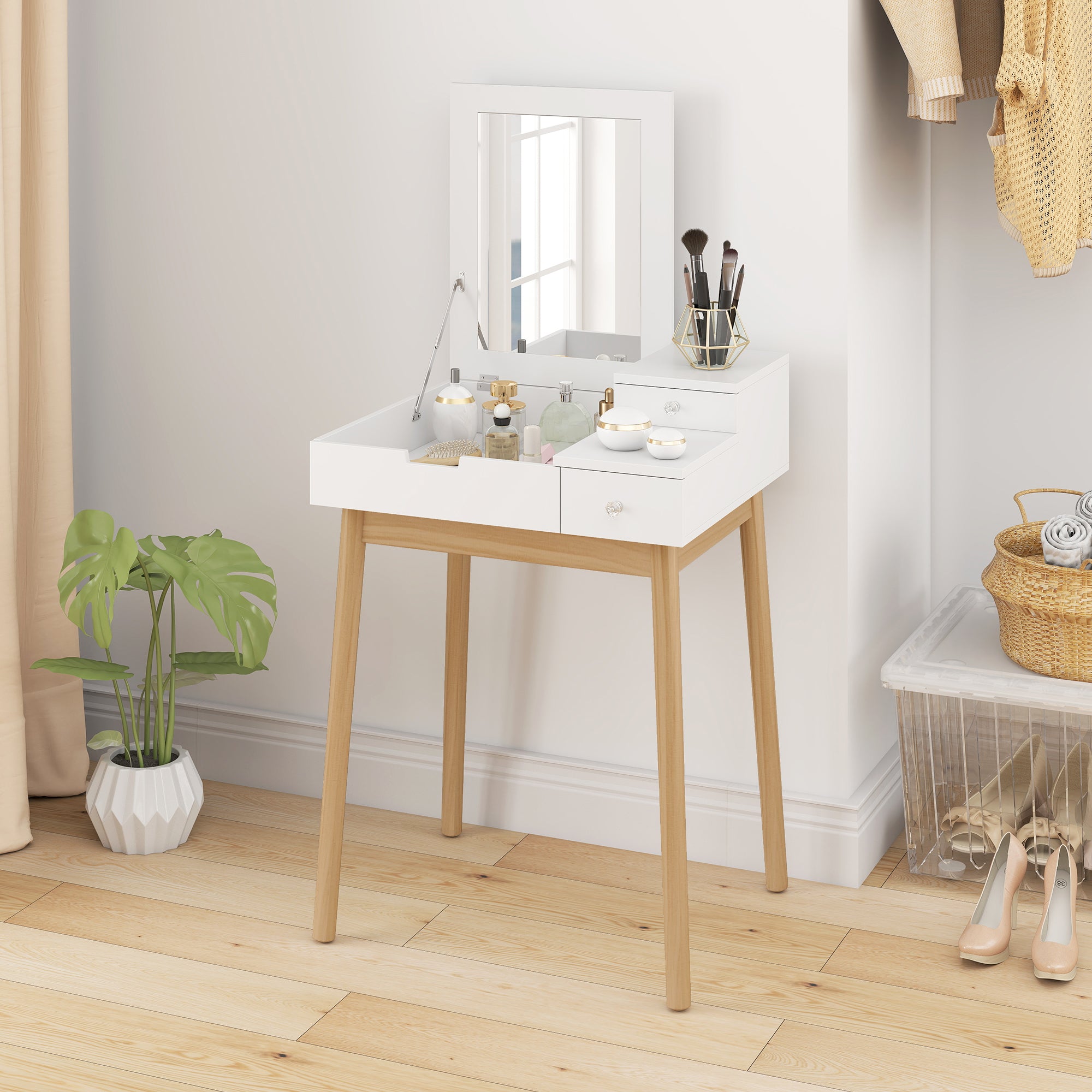 HOMCOM MDF,Pine Dressing Table Desk Flip-up Mirror Multi-purpose 2 Drawers Modern - White