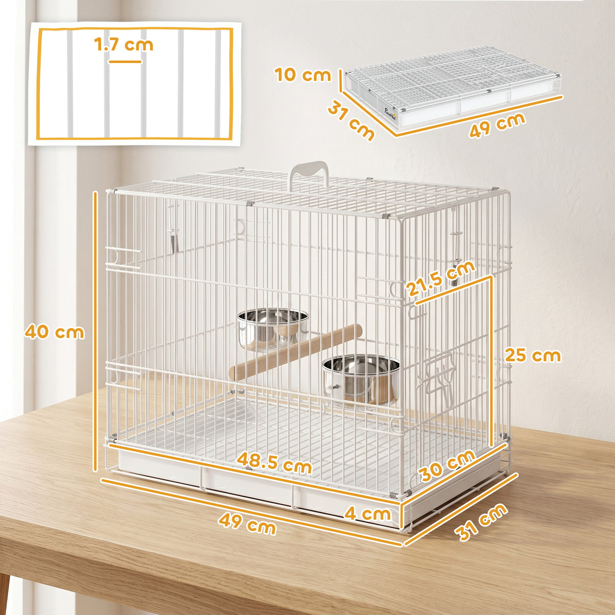 PawHut Bird Cage Foldable Portable Budgie Cage with Wooden Perch 2 Bowls for Travel 49 x 31 x 40 cm White