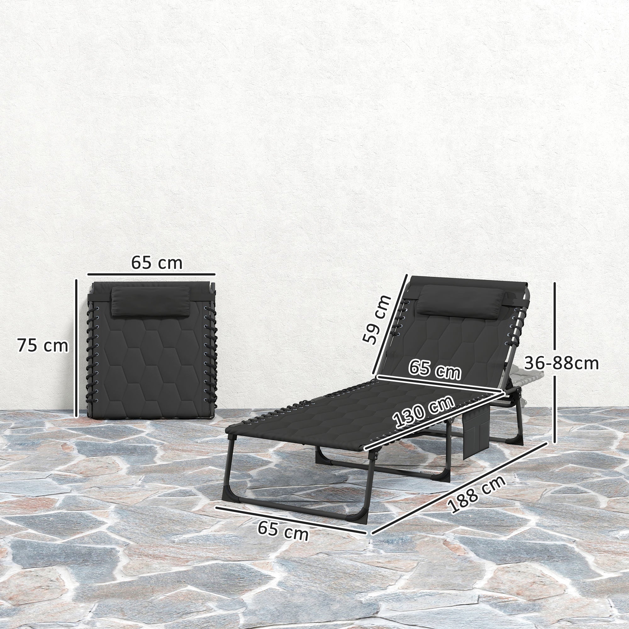 Outsunny Padded Sun Lounger, with Five-Position Reclining Back - Black - North Peak Garden Furniture