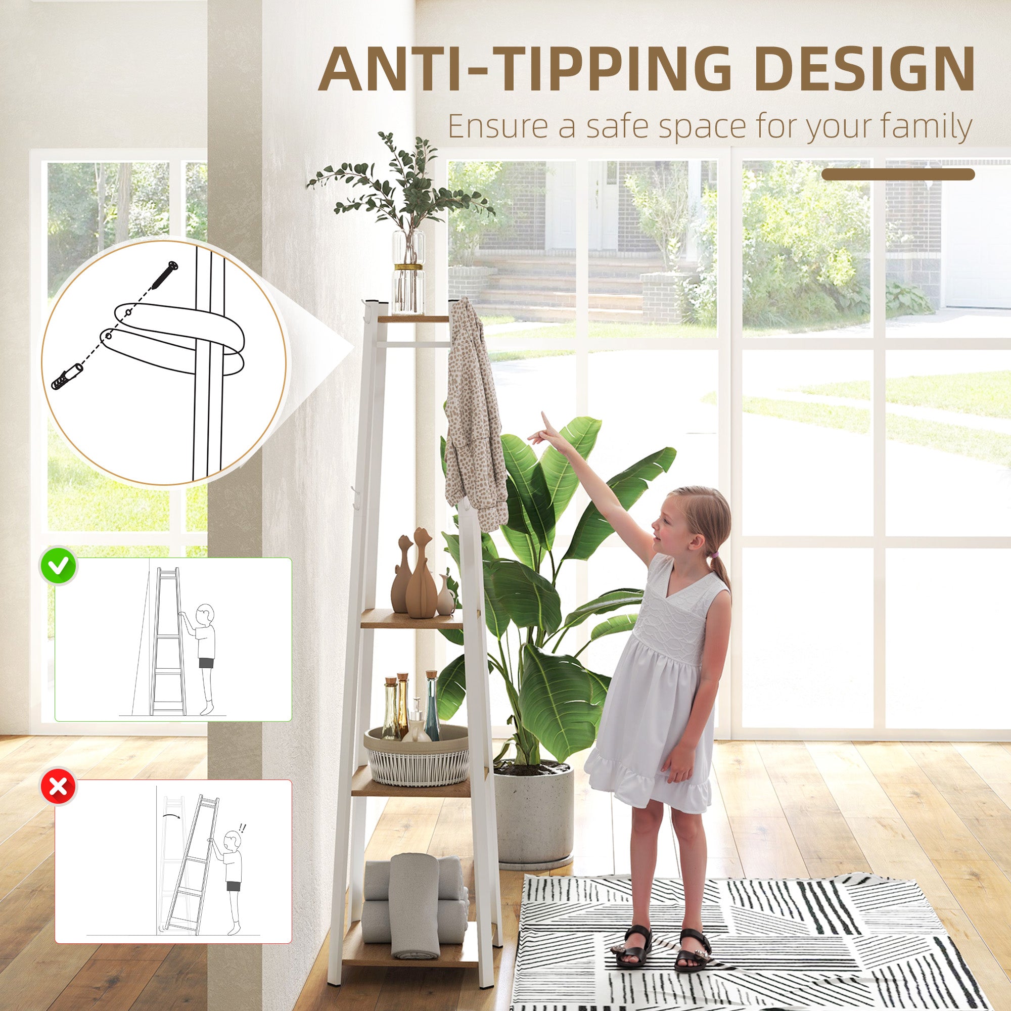 HOMCOM Compact Freestanding Coat Rack - White/Oak - North Peak Garden Furniture