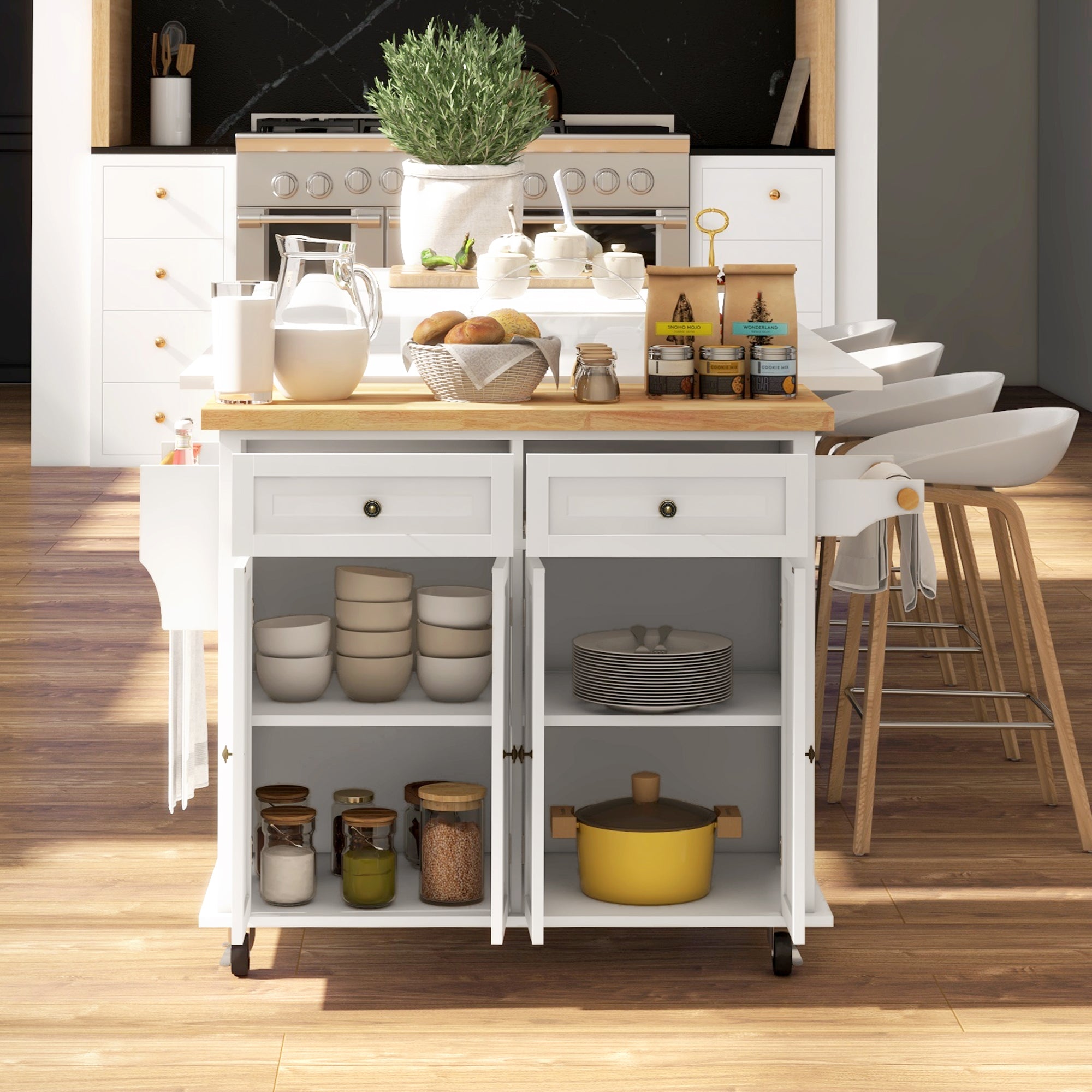 HOMCOM Rolling Kitchen Island Storage Trolley with Rubber Wood Top & Drawers for Dining Room, Cream White - North Peak Garden Furniture