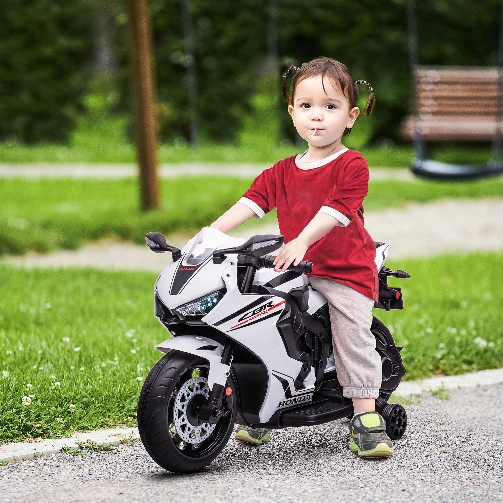HOMCOM 6V Honda Licensed Kids Motorcycle w/ Music, Training Wheels - White - North Peak Garden Furniture