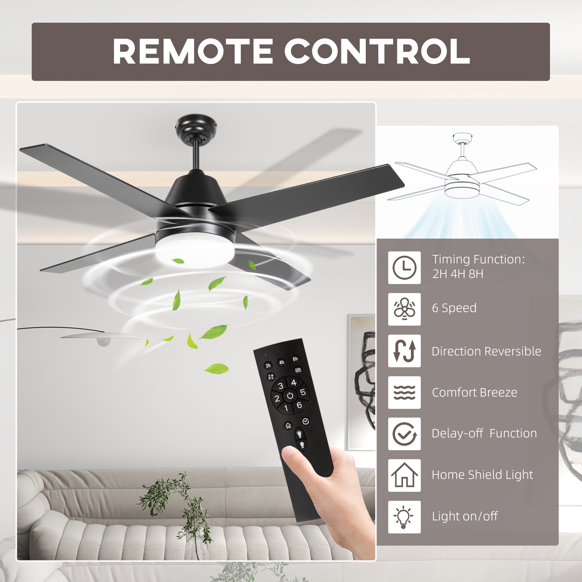 HOMCOM Ceiling Fan with LED Light, Flush Mount Ceiling Fan Lights with Reversible Blades, Remote, Black and Walnut Brown - North Peak Garden Furniture
