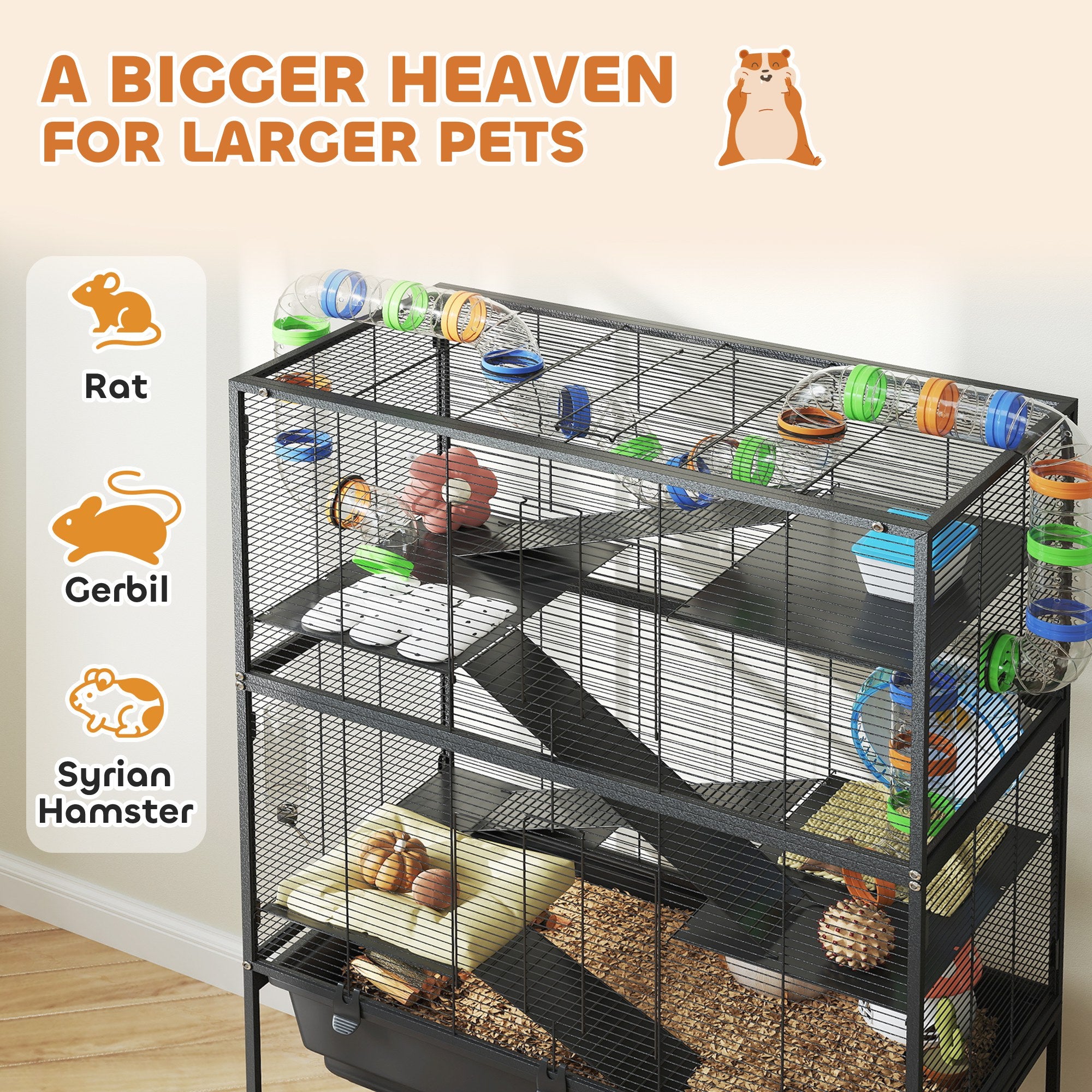 PawHut 5 Tier Large Hamster Cage on Wheels with 17 cm Deep Tray, Storage Shelf for Syrian, Gerbil, Rats - North Peak Garden Furniture