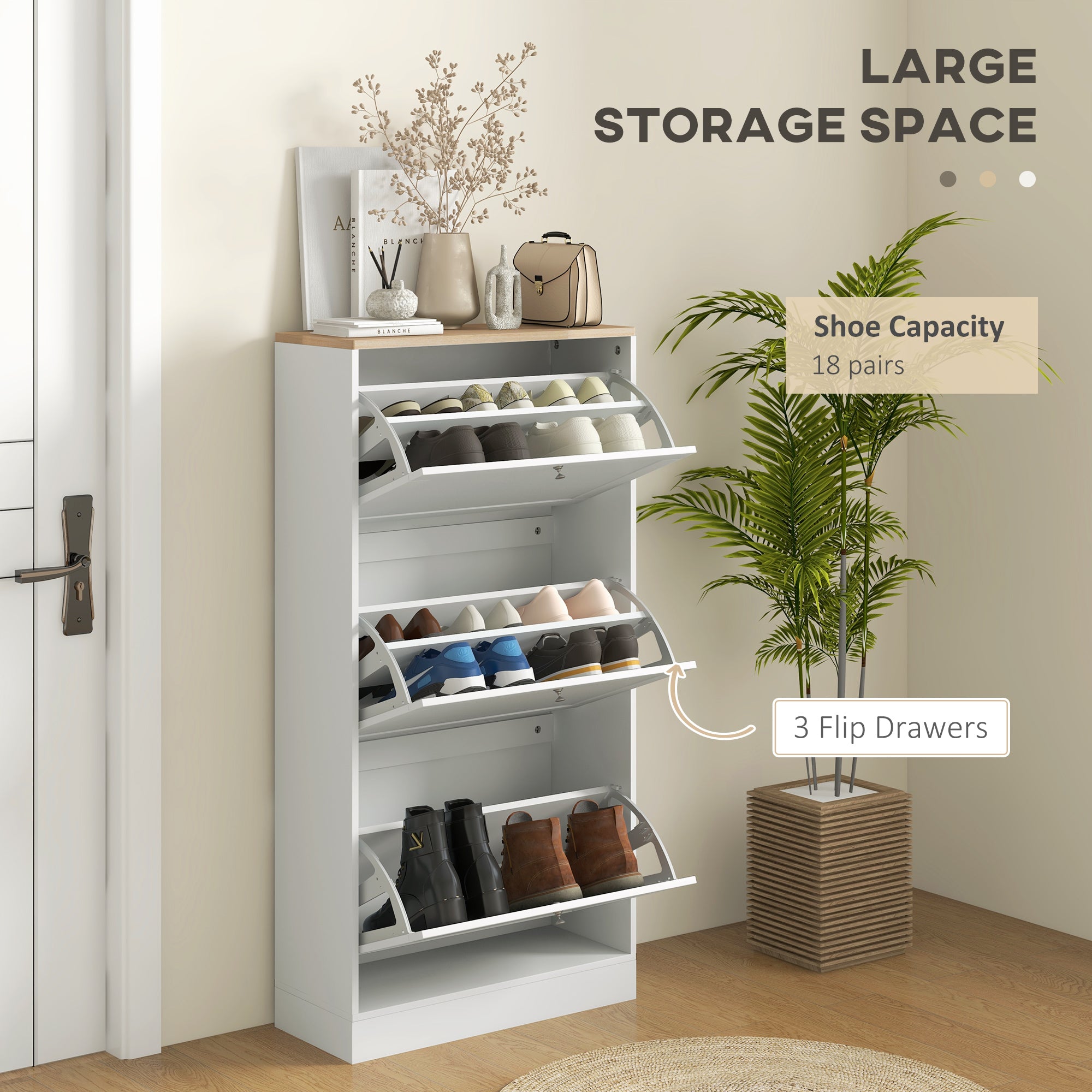 HOMCOM Modern Compact Three-Drawer Shoe Storage Cabinet - White - North Peak Garden Furniture
