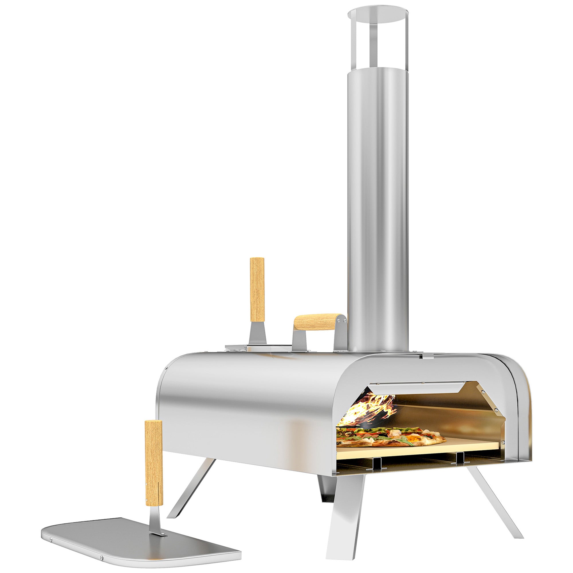 Outsunny Outdoor Pizza Oven, Portable Wood Pellet Pizza Oven with Pizza Stone and Peel, Foldable Legs, Chimney, 12 Inch Wood Fired Pizza Maker for Outdoor Cooking, Stainless Steel