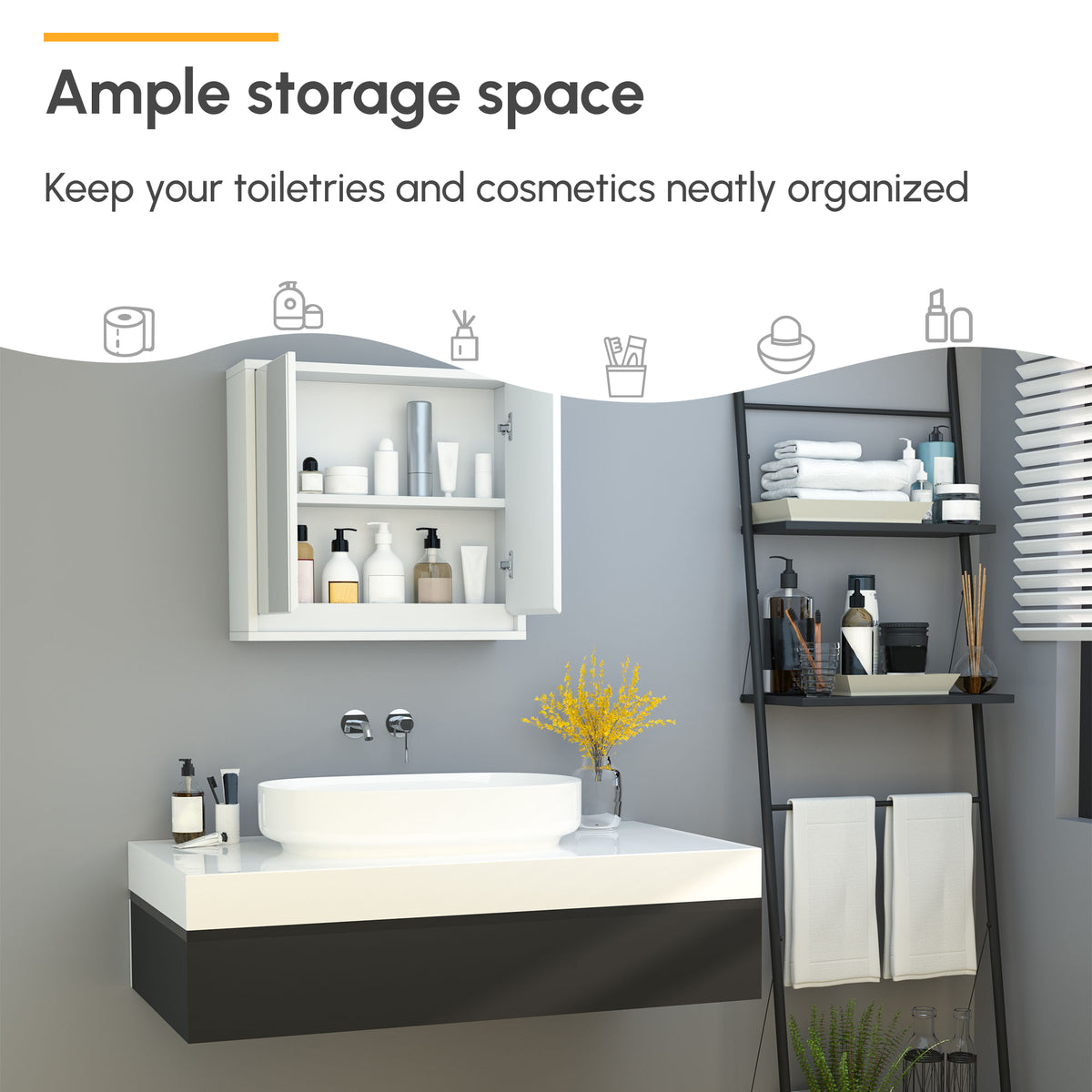 HOMCOM Bathroom Mirror Cabinet Wall Mounted Storage Shelf Bathroom Cupboard Double Door, White