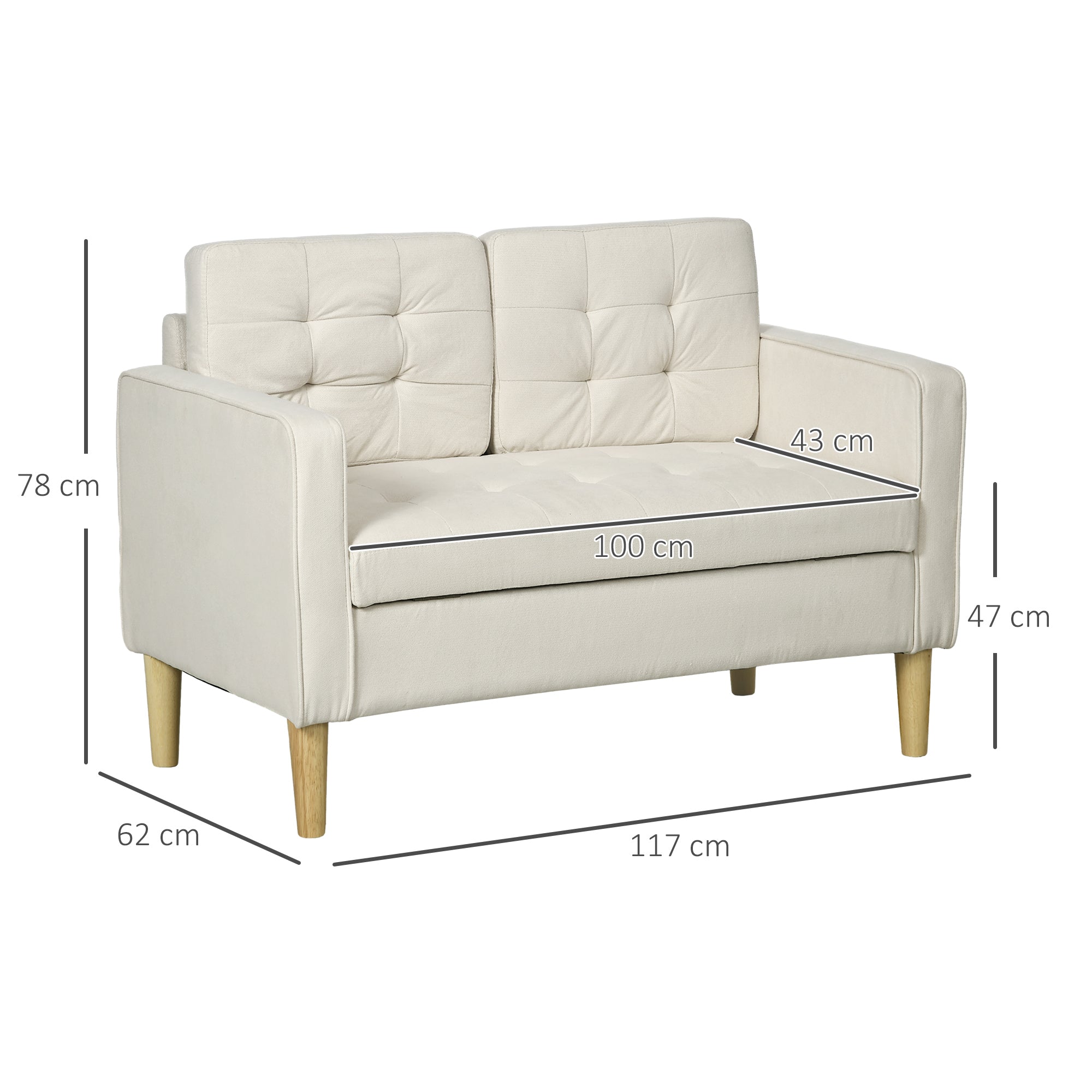 HOMCOM Modern Loveseat Sofa, Compact 2 Seater Sofa with Hidden Storage, 117cm Tufted Cotton Couch with Wood Legs, Cream White - North Peak Garden Furniture