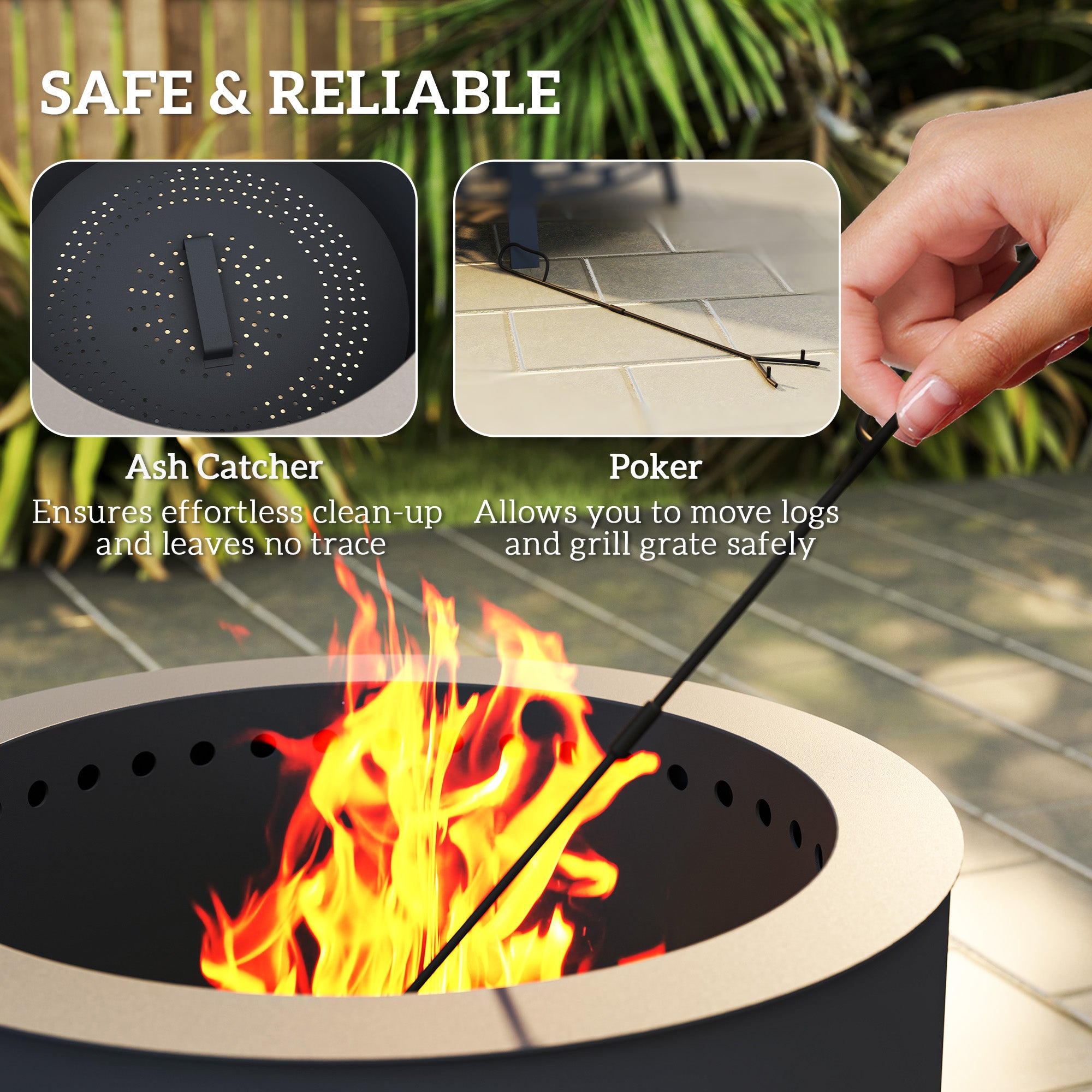Outsunny Portable Fire Pit, 58 cm Round Firepit with Grill Grate, Fire Bowl with Ash Catcher and Poker, Fire Pit BBQ for Garden Camping Bonfire Picnic, Black - North Peak Garden Furniture