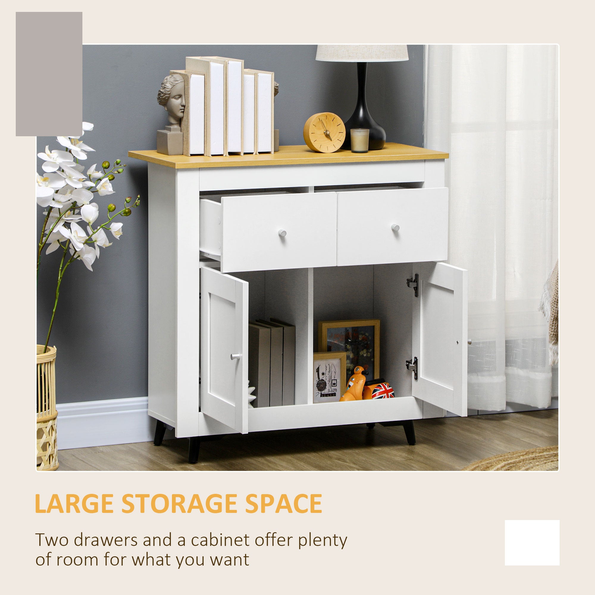 HOMCOM Sideboard Storage Cabinet, Modern Kitchen Cupboard with Double Doors and Drawers for Dining Room, Living Room and Entryway, White - North Peak Garden Furniture