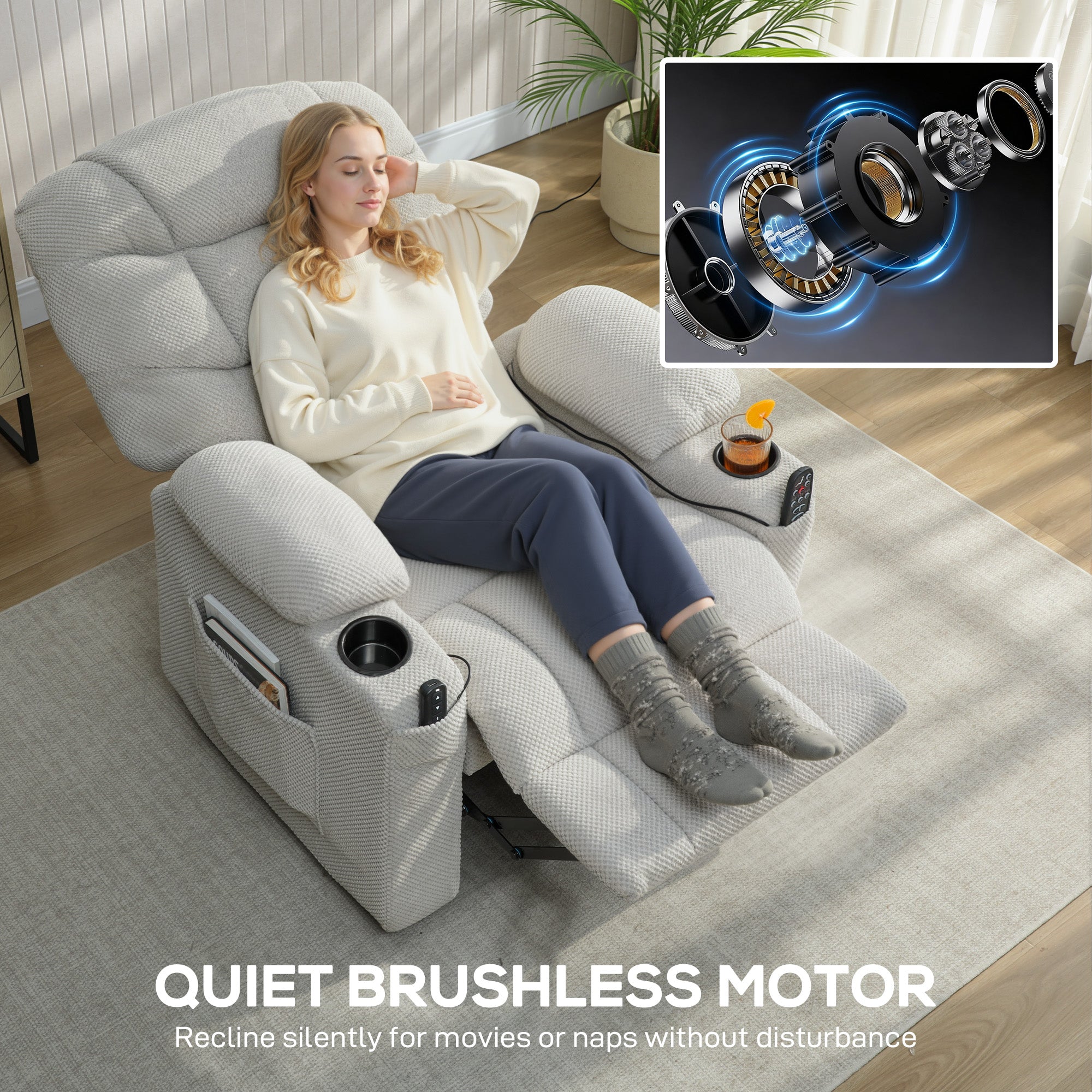 HOMCOM Electric Massage Recliner Armchair with Vibration, Heat, Whisper-Quiet Motor, Memory Function, Fleece Power Reclining Chair with Spring Pack, USB Port, Footrest, Side Pocket, Cup Holders, Grey