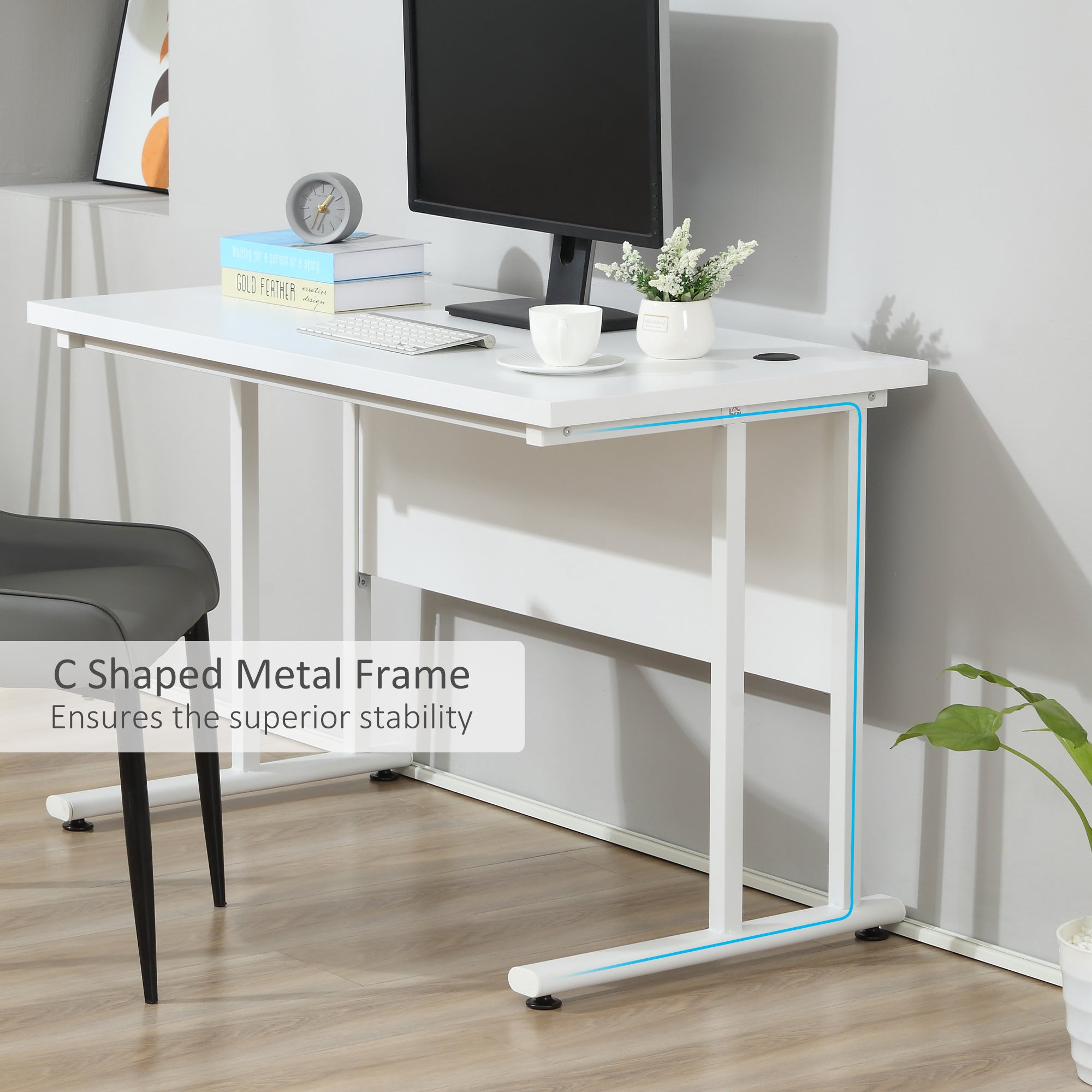 HOMCOM Computer Desk, Home Office Desk, Writing Table, 120x60x75cm Laptop Workstation with 2 Cable Management Holes, C Shaped Metal Legs for Adults, White - North Peak Garden Furniture