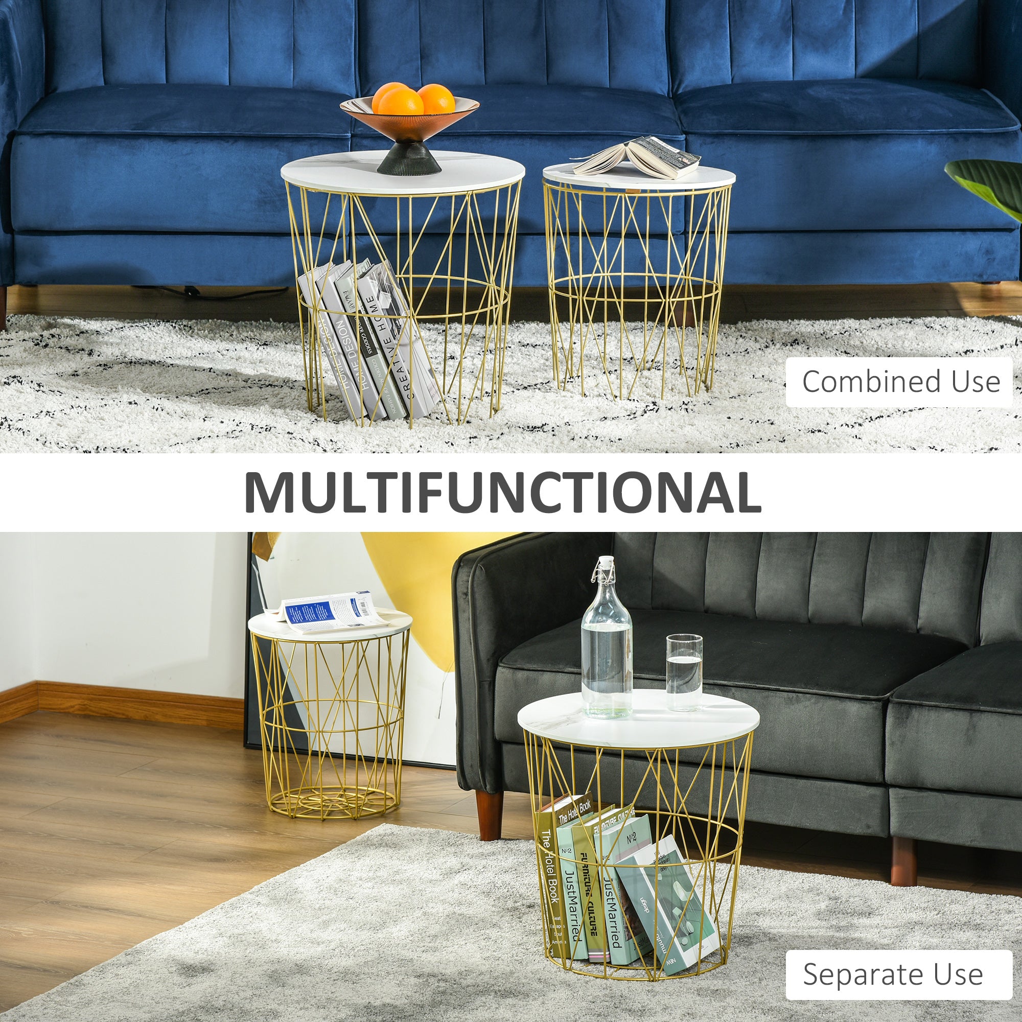 HOMCOM Set of 2 Nesting Side Tables with Storage, Round End Tables Coffee Tables with Steel Frame and Removable Round Top, for Living Room, bedroom, office, White - North Peak Garden Furniture