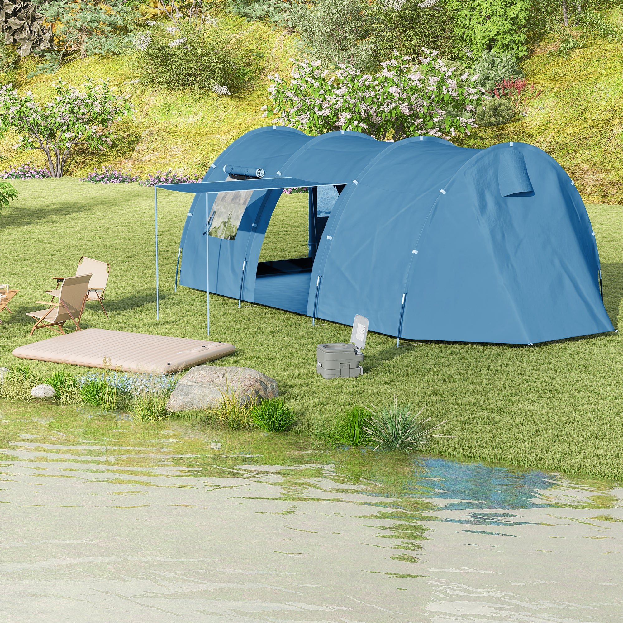 Outsunny 5-6 Man Tunnel Tent, Two Room Camping Tent with Floor, 2 Doors and Carry Bag, 2000mm Water Column for Fishing, Hiking, Sports, Festival - North Peak Garden Furniture