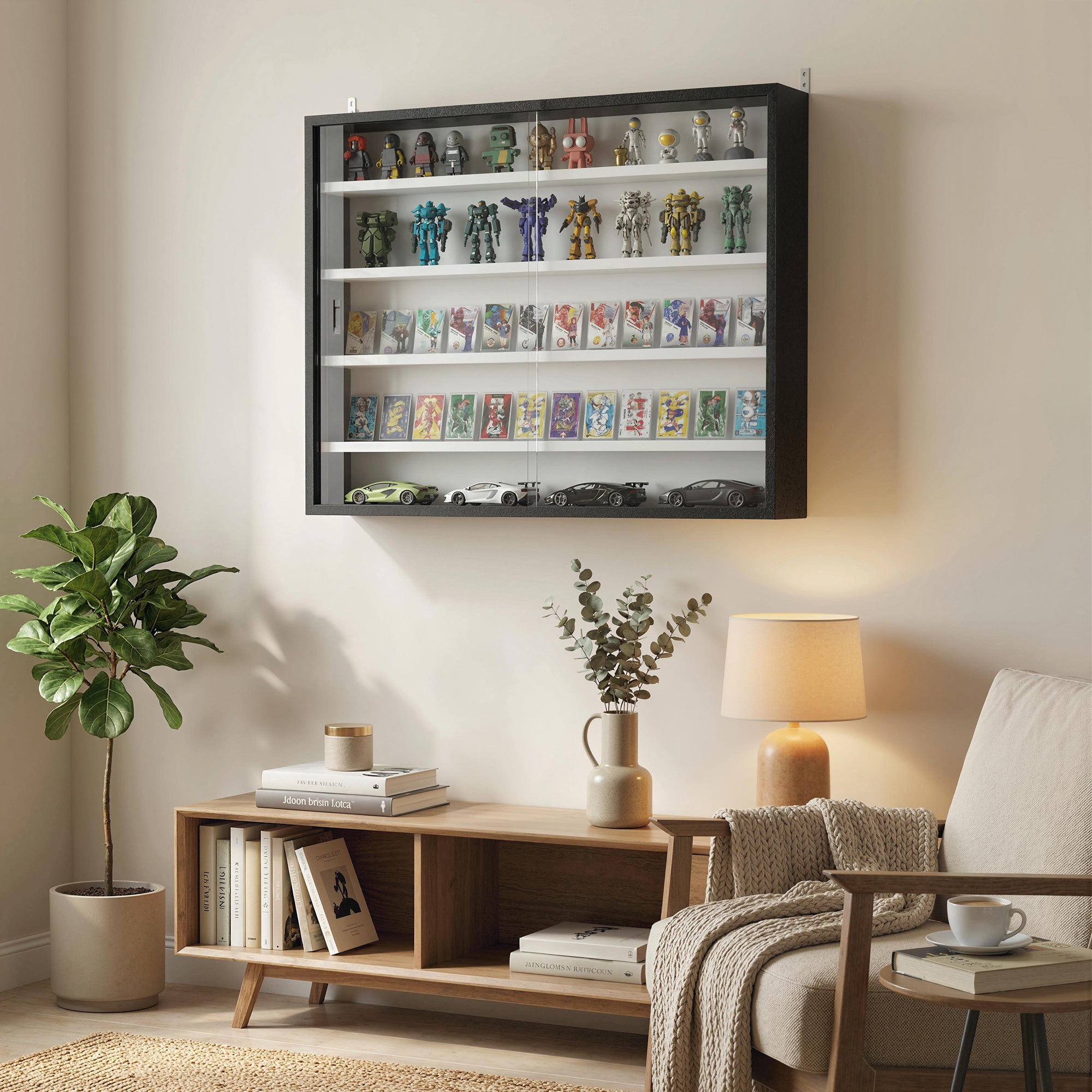 HOMCOM 5-Tier Wall Display Cabinet,  Wall Mounted Display Case w/ 4 Adjustable Shelves, Glass Doors, 60x80cm, Black and White