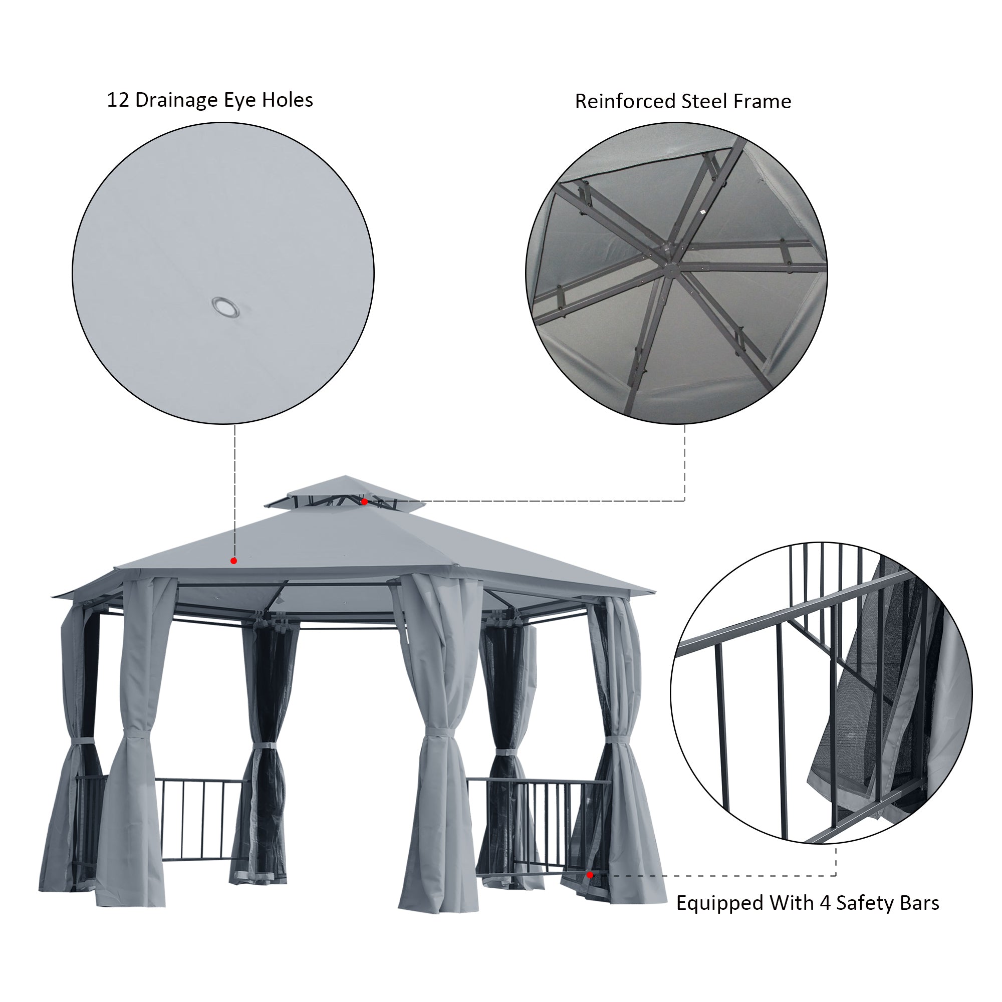 Outsunny 3 x 3(m) Hexagon Gazebo Patio Canopy Party Tent Outdoor Garden Shelter w/ 2 Tier Roof & Side Panel - Grey - North Peak Garden Furniture