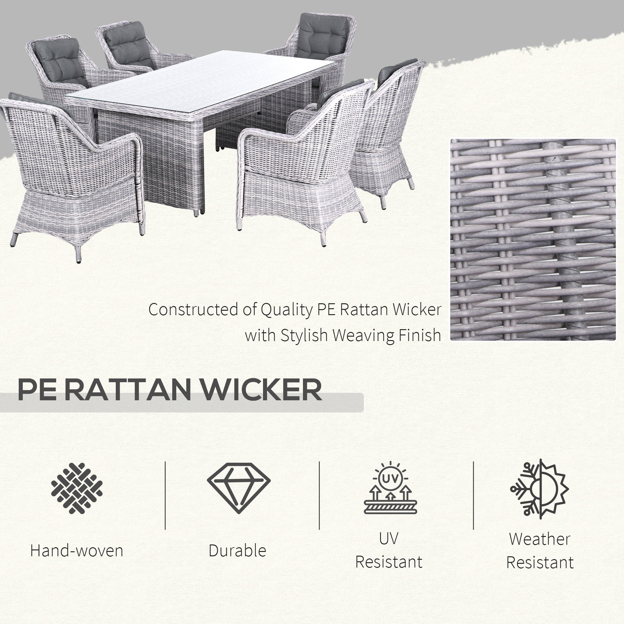 Outsunny 6 Seater Rattan Dining Set, Round PE Rattan Garden Furniture Set with Seat and Back Cushions, Aluminium Outdoor Dining Table and Chairs with 6 Armchairs, Rectangular Glass Top Table, Grey - North Peak Garden Furniture