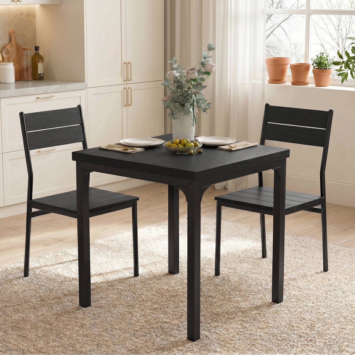 HOMCOM 3 Piece Space-Saving Kitchen Table and Chairs, Dining Table Set for 2 with Metal Legs, Black Wood Effect