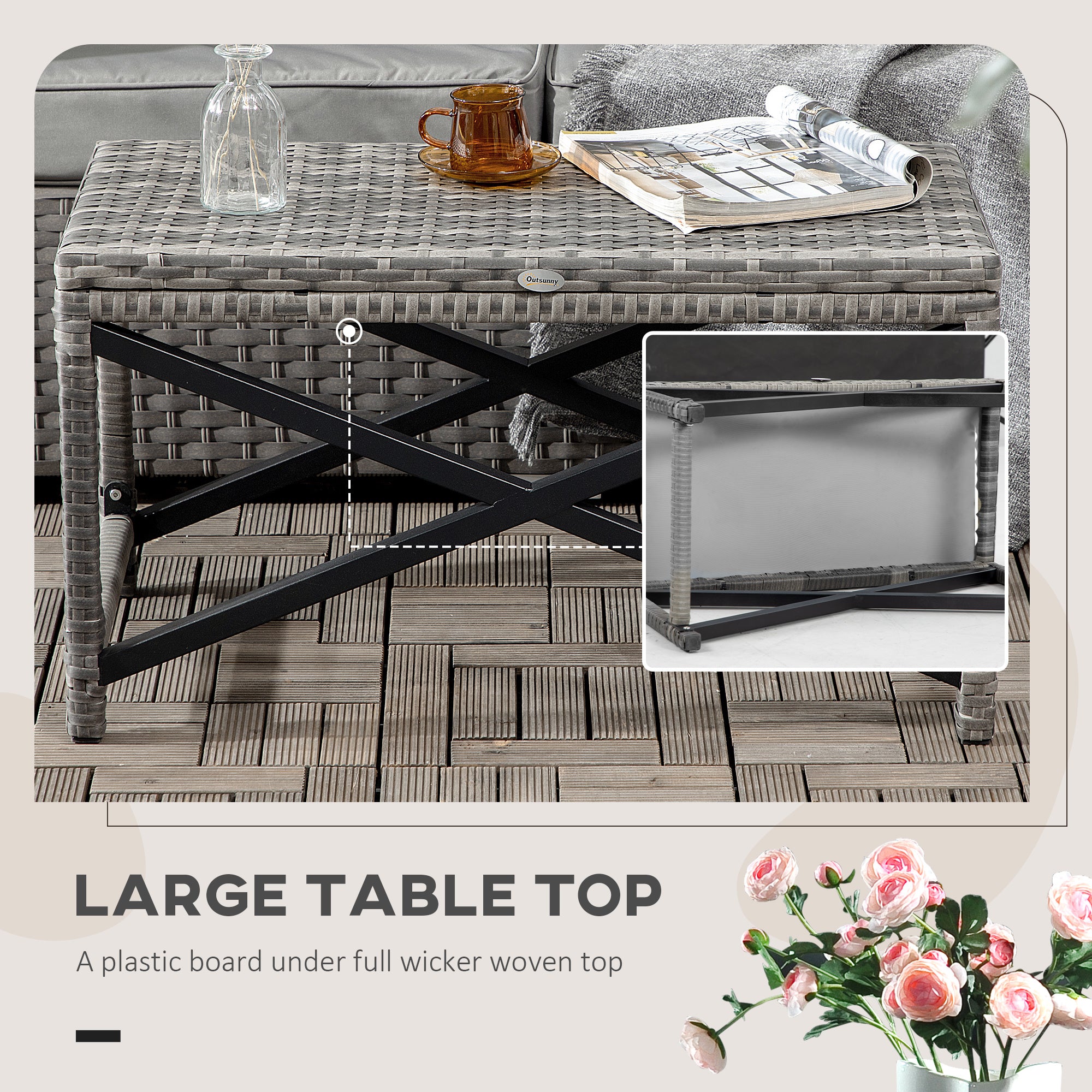 Outsunny Outdoor Coffee Table, Garden PE Rattan Side Table with Plastic Board Under the Full Woven Table Top and X-Shape Frame for Patio, Balcony, Mixed Grey - North Peak Garden Furniture