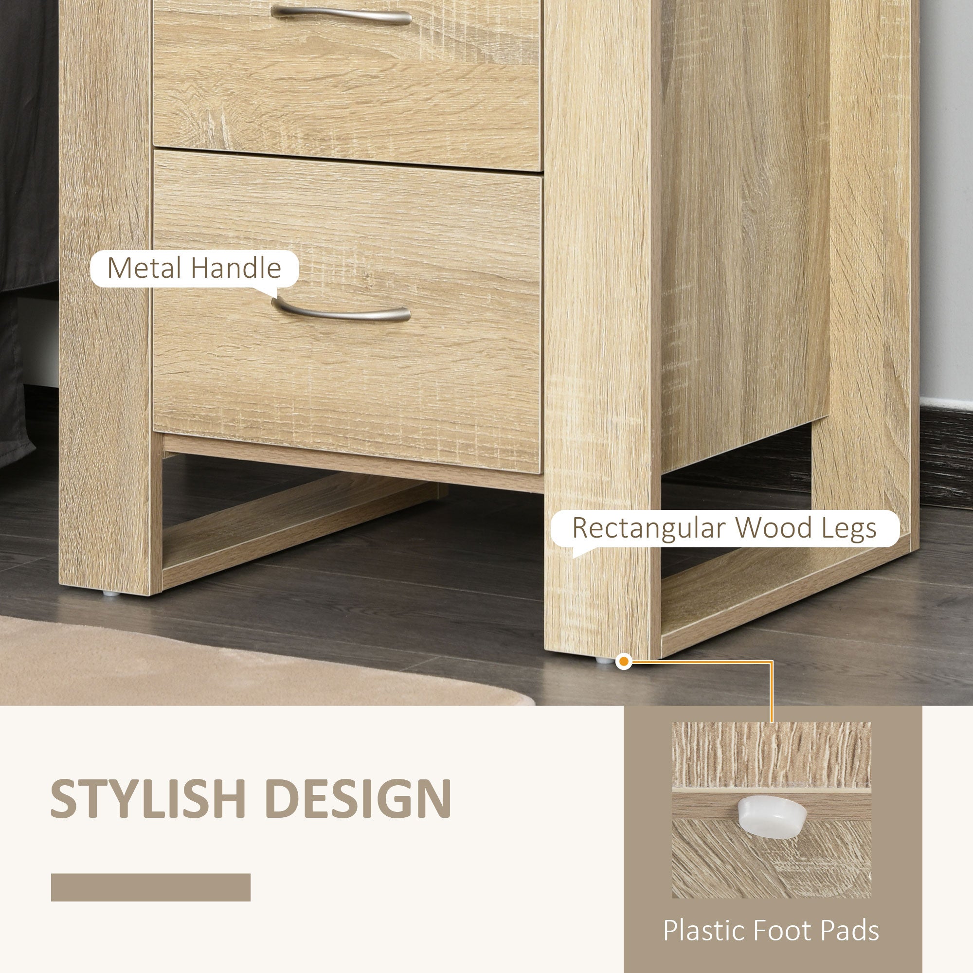 HOMCOM Bedside Cabinet with 2 Drawers: Modern Boxy Design, Elevated Base, Melamine Finish, Bedroom Storage, Oak Brown.