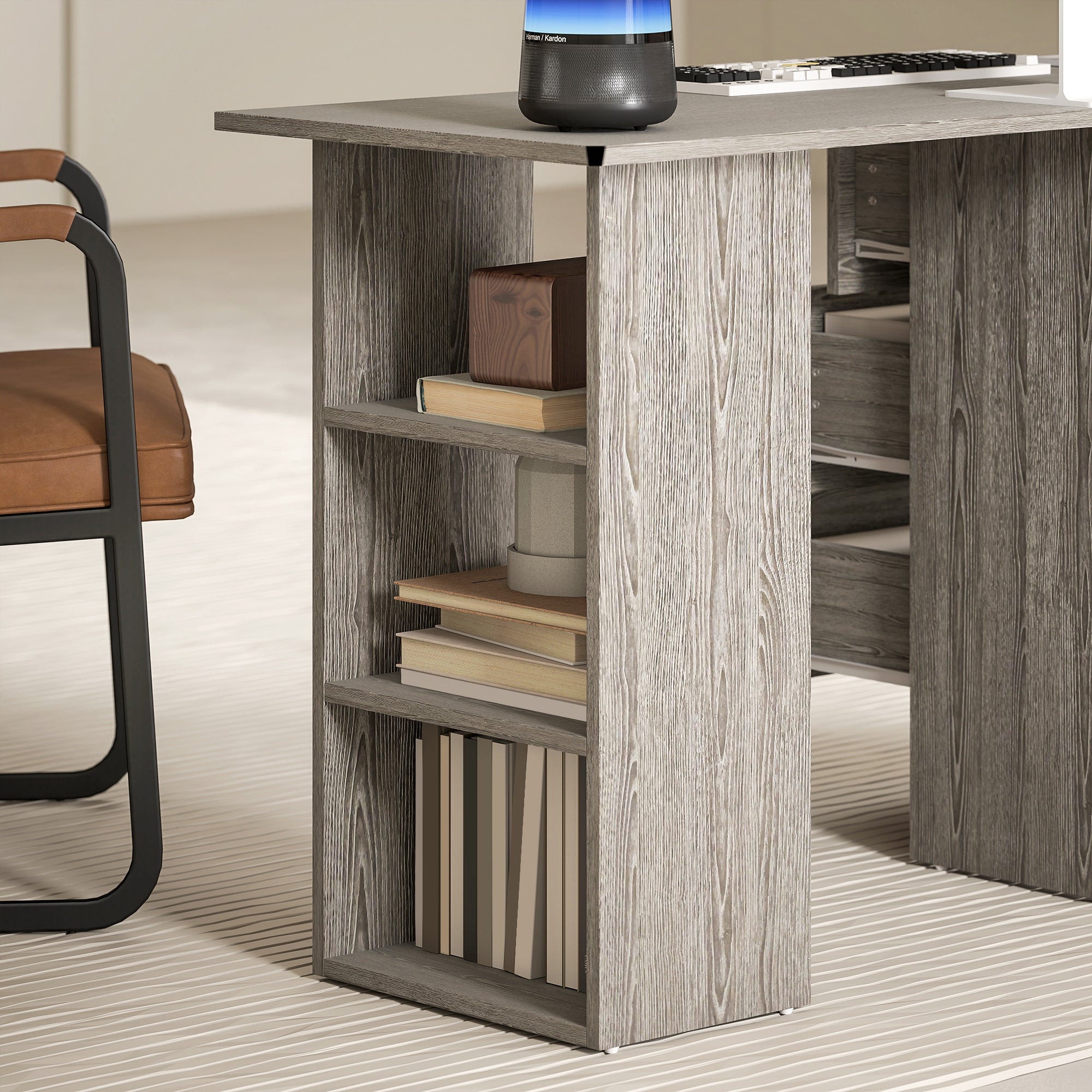 HOMCOM Computer Desk, Writing Table, PC Workstation with 3 Storage Shelves and Drawers, Silver Handle, for Home Office, Grey