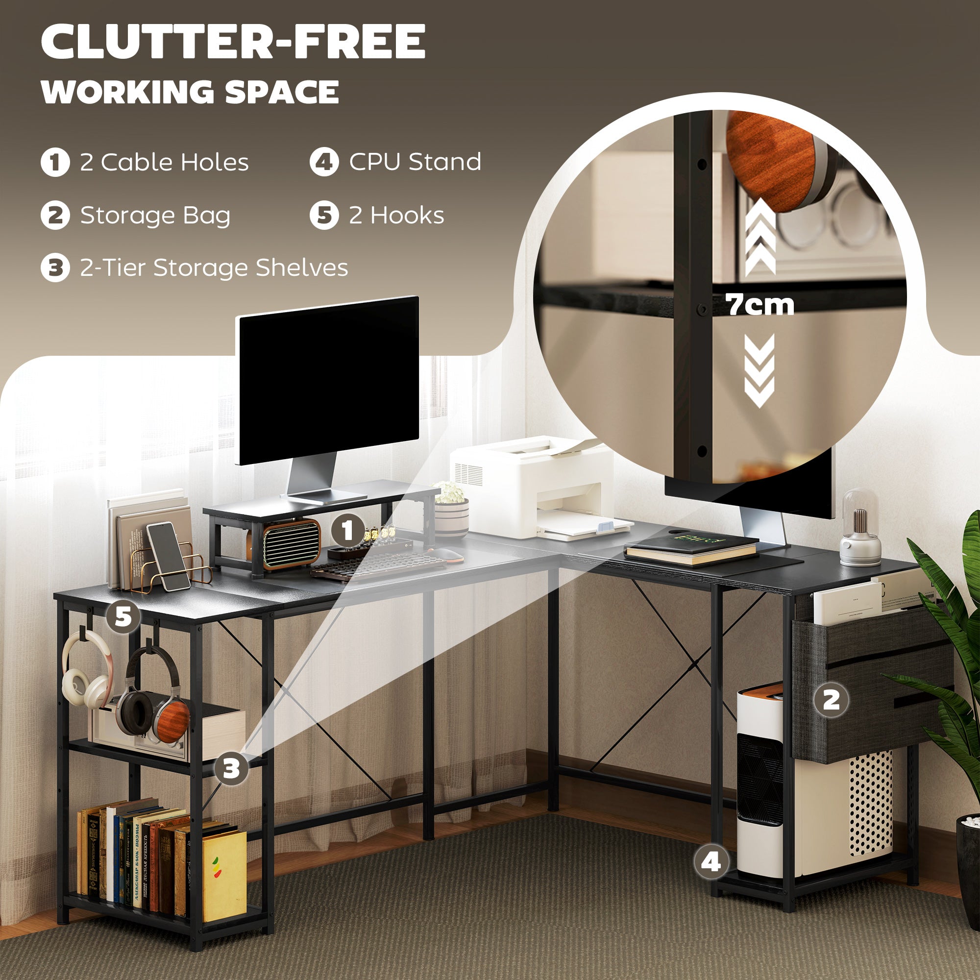 HOMCOM 168cm Reversible L Shaped Desk, Industrial Corner Computer Desk with Adjustable Shelf and Storage Bag, 240cm 2 Person Desk with Monitor Stand, Black - North Peak Garden Furniture