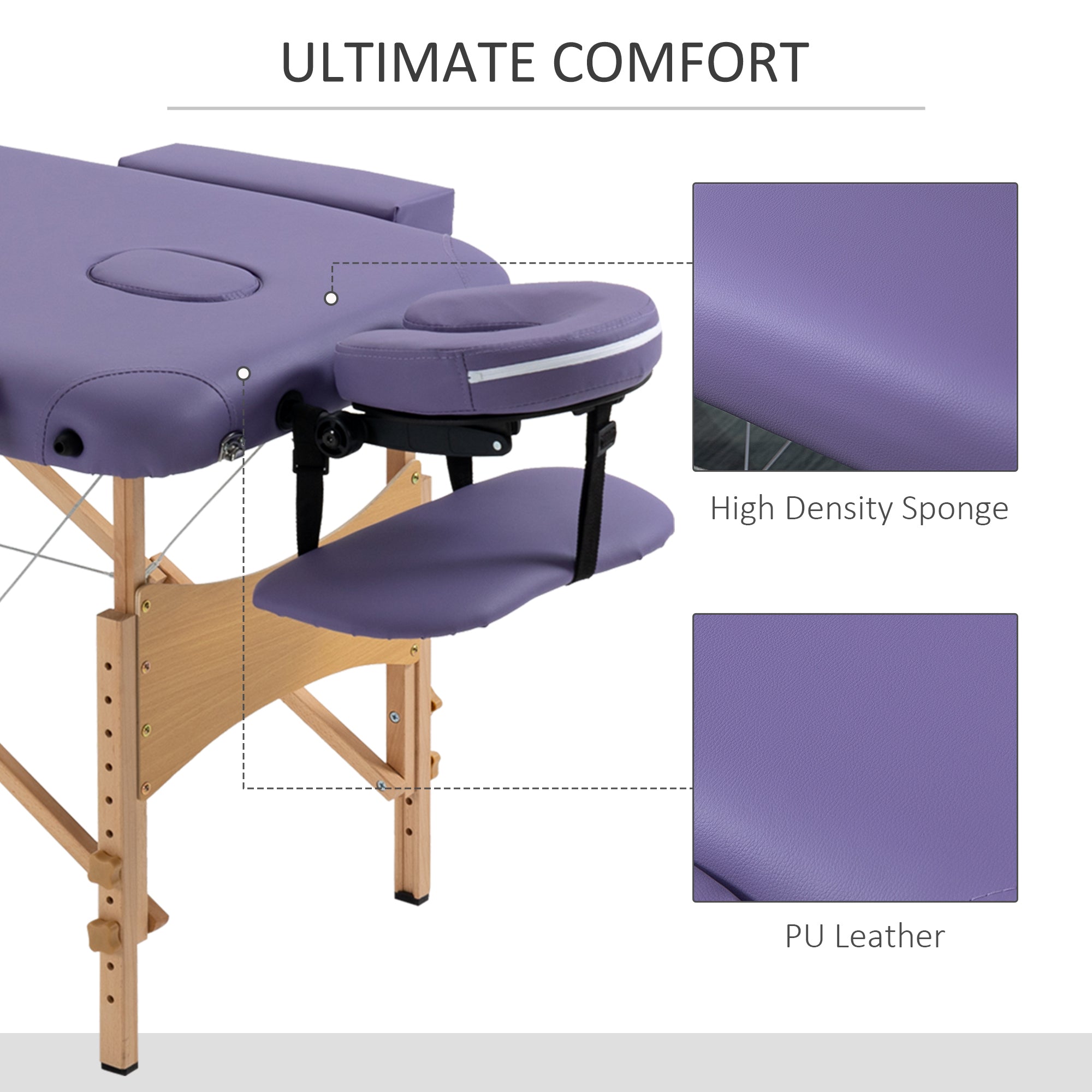 HOMCOM Portable Massage Bed, Folding Spa Beauty Massage Table with 2 Sections, Carry Bag and Wooden Frame, Purple - North Peak Garden Furniture