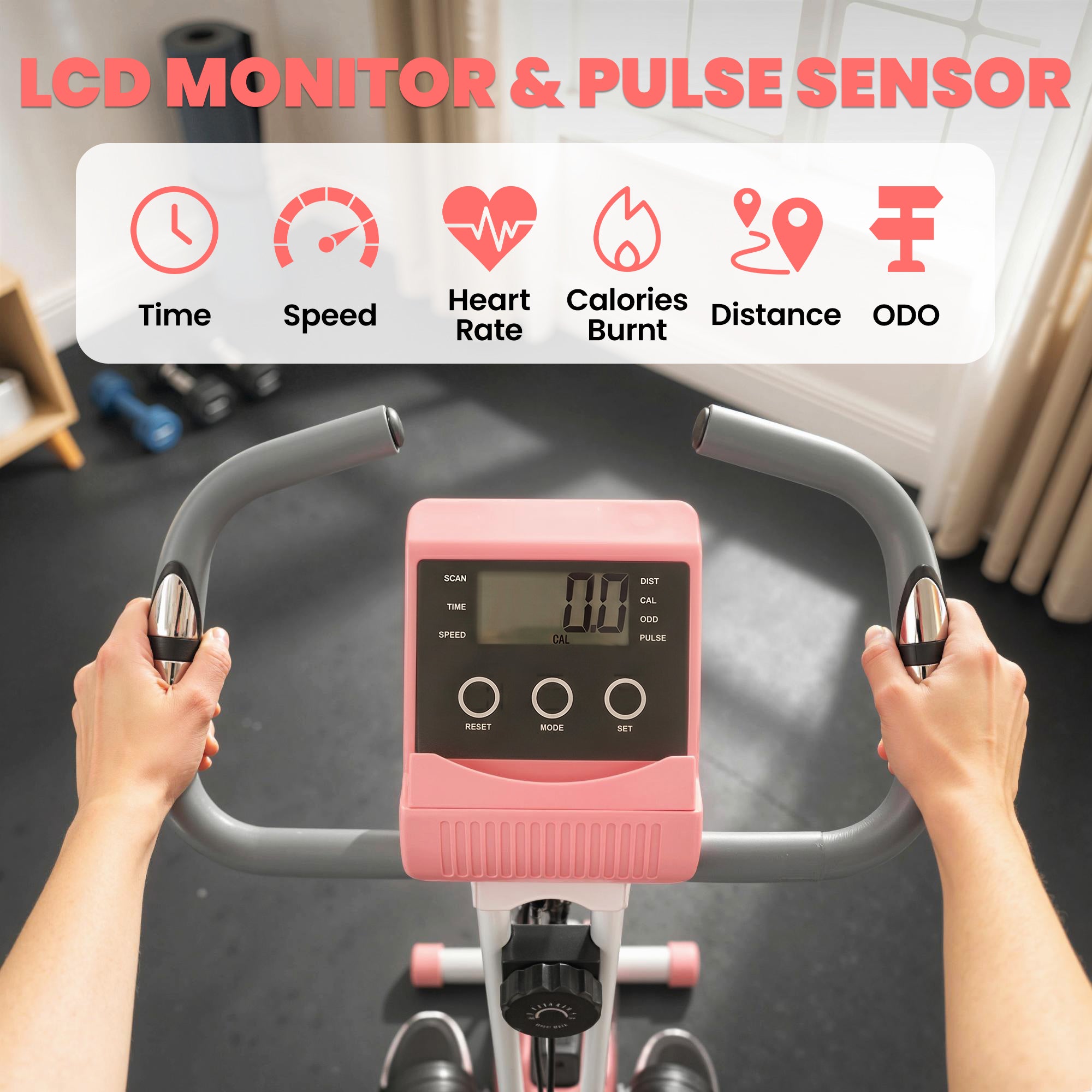 HOMCOM 2-in-1 Folding Exercise Bike with 8-Level Magnetic Resistance, Arm Resistance Band, Pulse Sensor, Pink