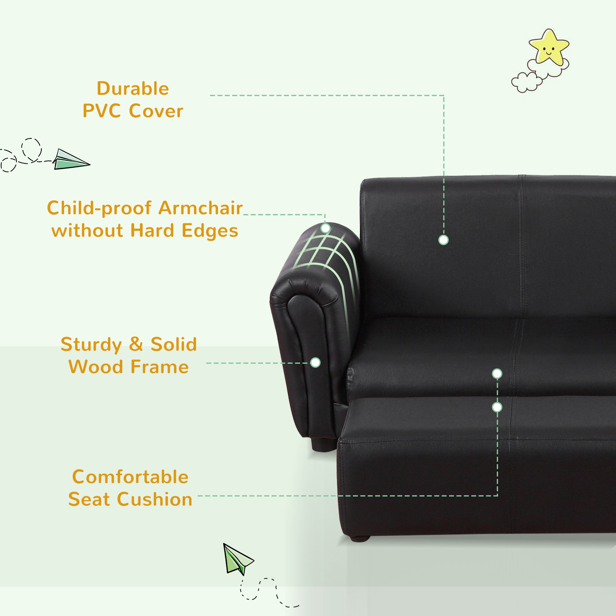 HOMCOM Kids Sofa Bed Kids Twin Sofa Toddler Chair 2 Seater Kids Twin Sofa Chair Boys Girls Couch w/ Footstool (Black) - North Peak Garden Furniture