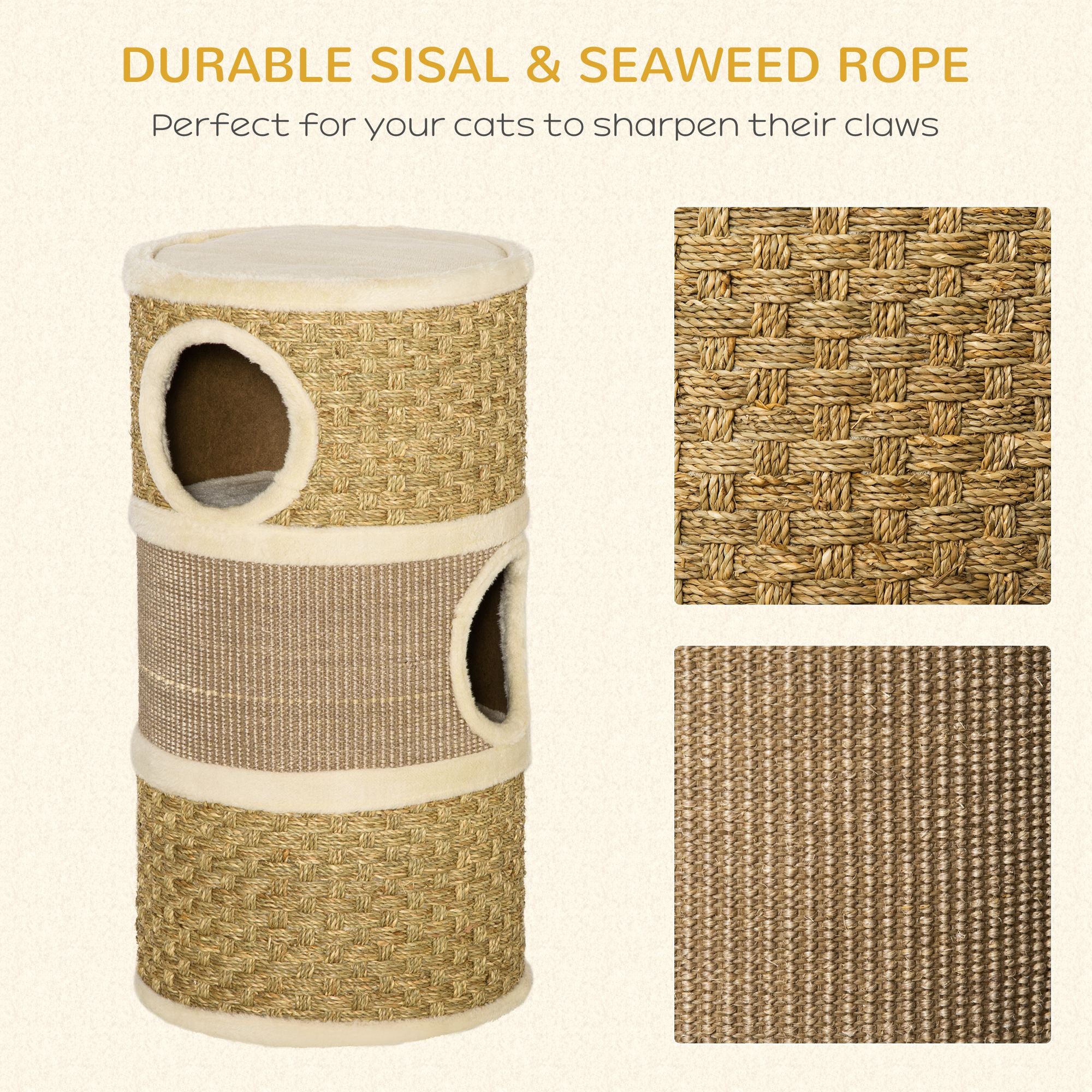 PawHut Cat Scratching Barrel Kitten Tree Tower for Indoor Cats Pet Furniture Climbing Frame Covered with Sisal and Seaweed Rope Cozy Platform Soft Plush - North Peak Garden Furniture