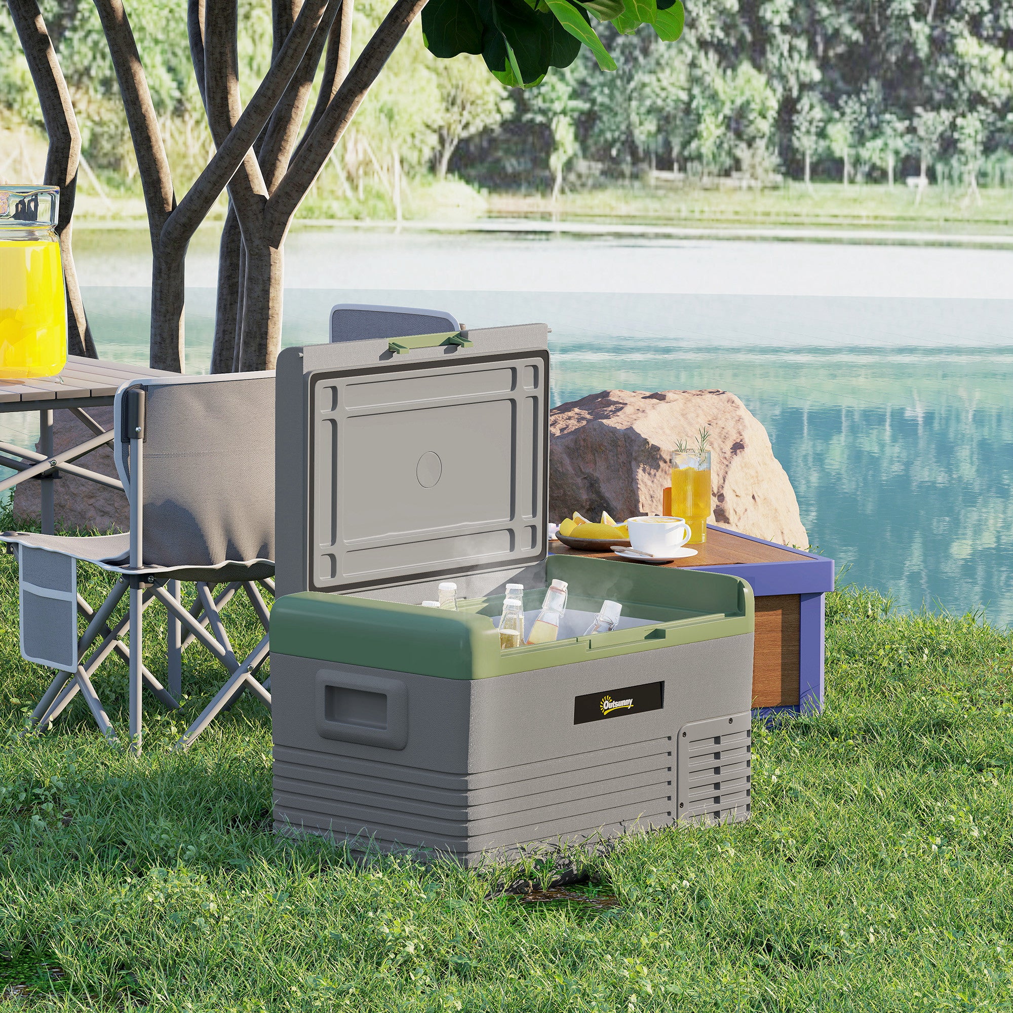 Outsunny 30L Portable Car Refrigerator - Light Green and Grey - North Peak Garden Furniture