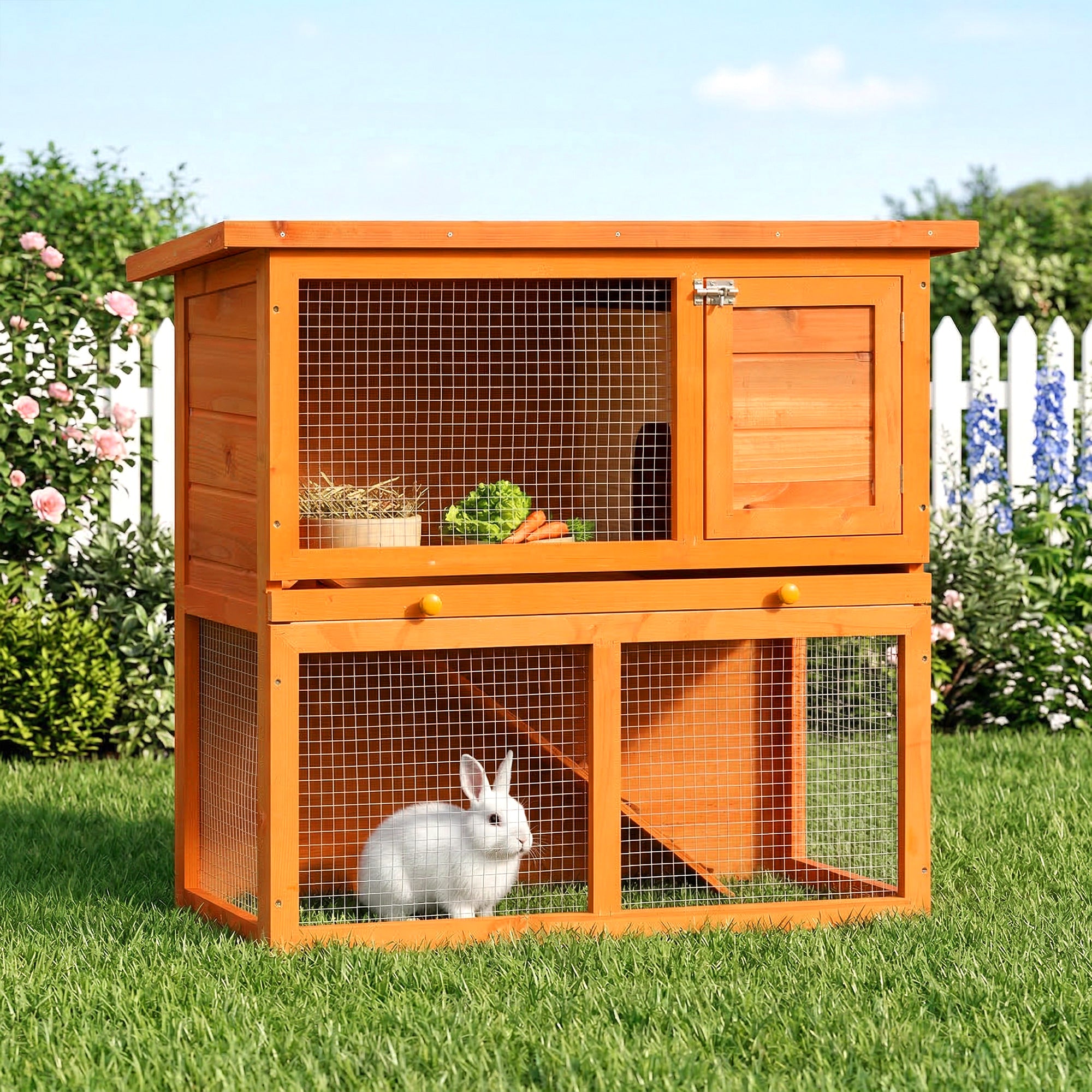 PawHut Rabbit Hutch Outdoor Guinea Pig Hutch Wooden Pet Cage Run 2-Tier with Opening Top, 90 x 45 x 80cm