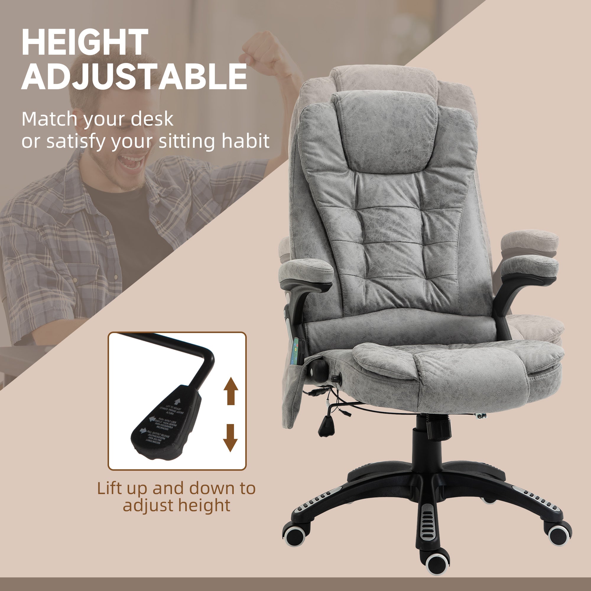 Vinsetto Massage Recliner Chair Heated Office Chair with Six Massage Points Microfiber Cloth 360° Swivel Wheels Grey - North Peak Garden Furniture