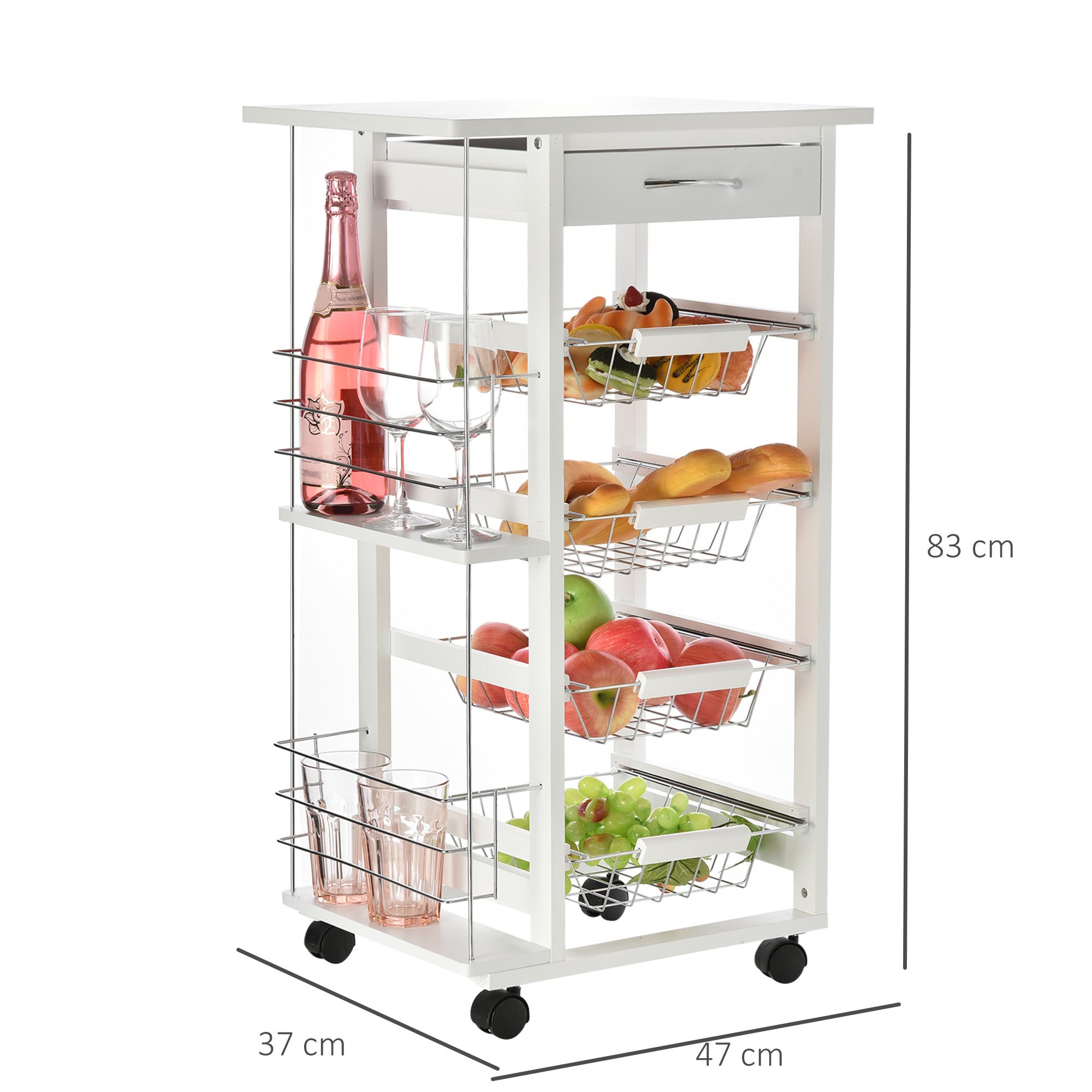 HOMCOM Rolling Kitchen Cart, Utility Storage Cart with 4 Basket Drawers & Side Racks, Wheels for Dining Room, White - North Peak Garden Furniture