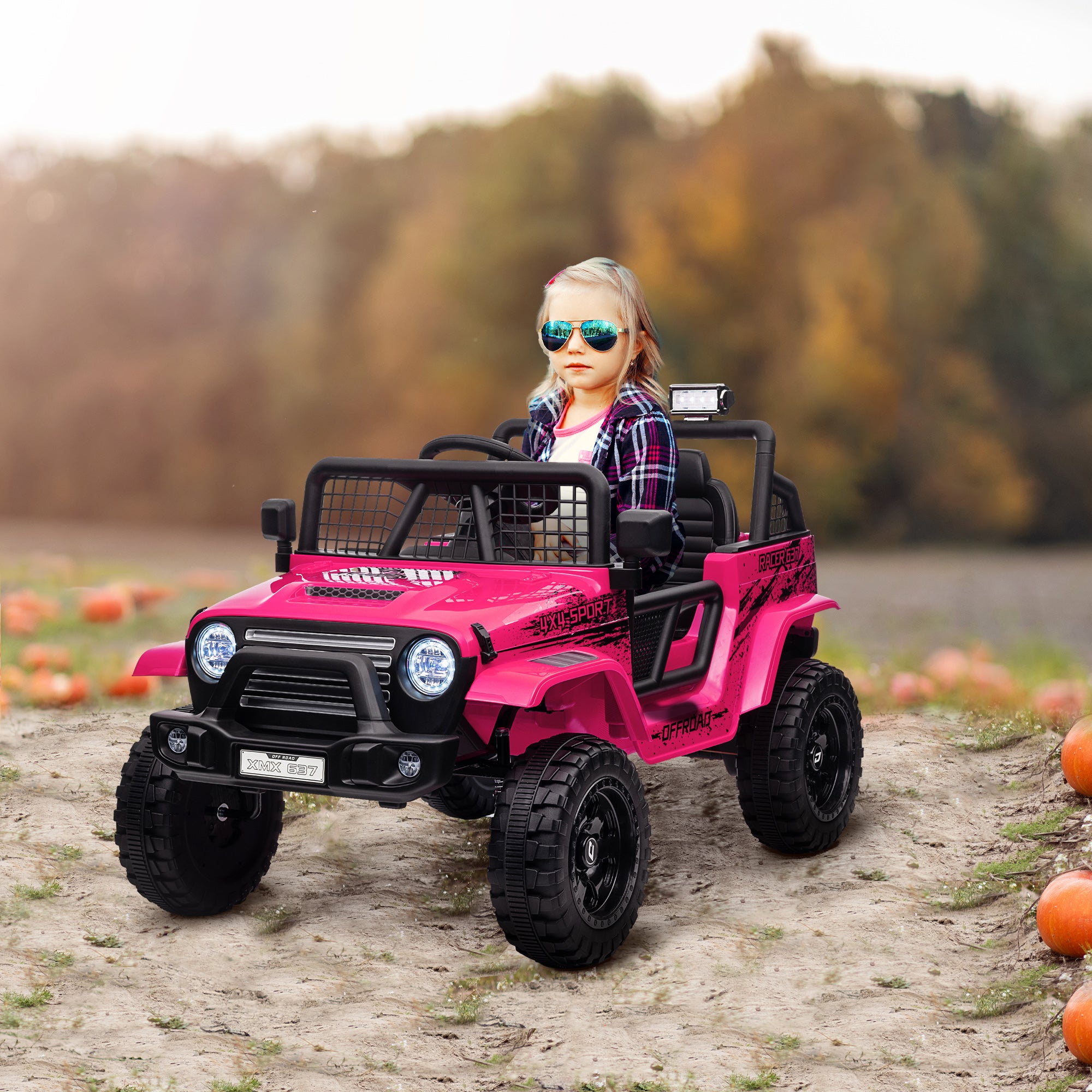 AIYAPLAY 12V Battery Powered Kids Ride On Car, Electric Truck w/ Spring Suspension, Remote, Music Horn Lights - Pink - North Peak Garden Furniture
