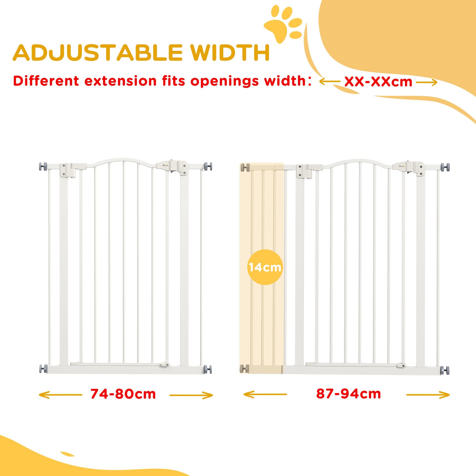 PawHut Pressure Fit Dog Stair Gate No Drilling Safety Gate Auto Close for Doorways, Hallways, 74-94cm Adjustable, 94cm Tall, White - North Peak Garden Furniture