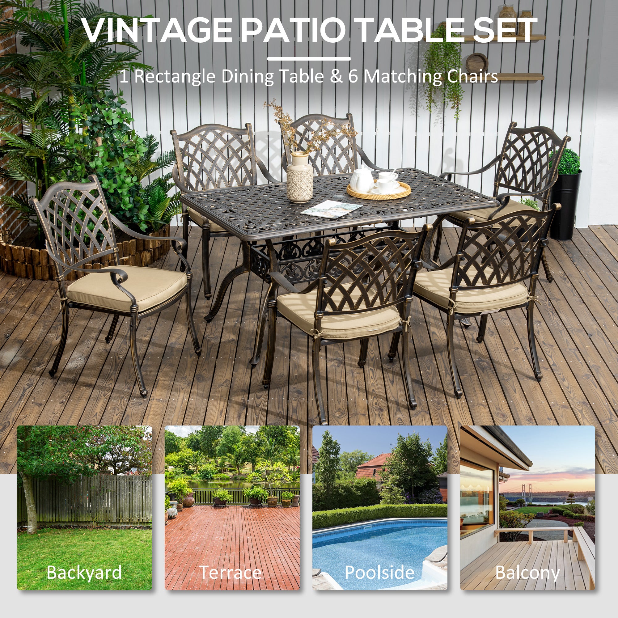 Outsunny 7 PCs Garden Patio Dining Set with Parasol Hole, Cast Aluminium Outdoor Furniture Set with Six Cushioned Chairs and Rectangle Dining Table, for Garden, Lawn, Deck, Bronze Tone - North Peak Garden Furniture