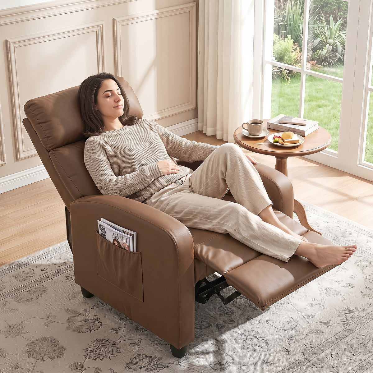 HOMCOM Recliner Armchair, Massage Faux Leather Push Back Reclining Chair with Adjustable Leg Rest, Side Pocket, Dark Brown