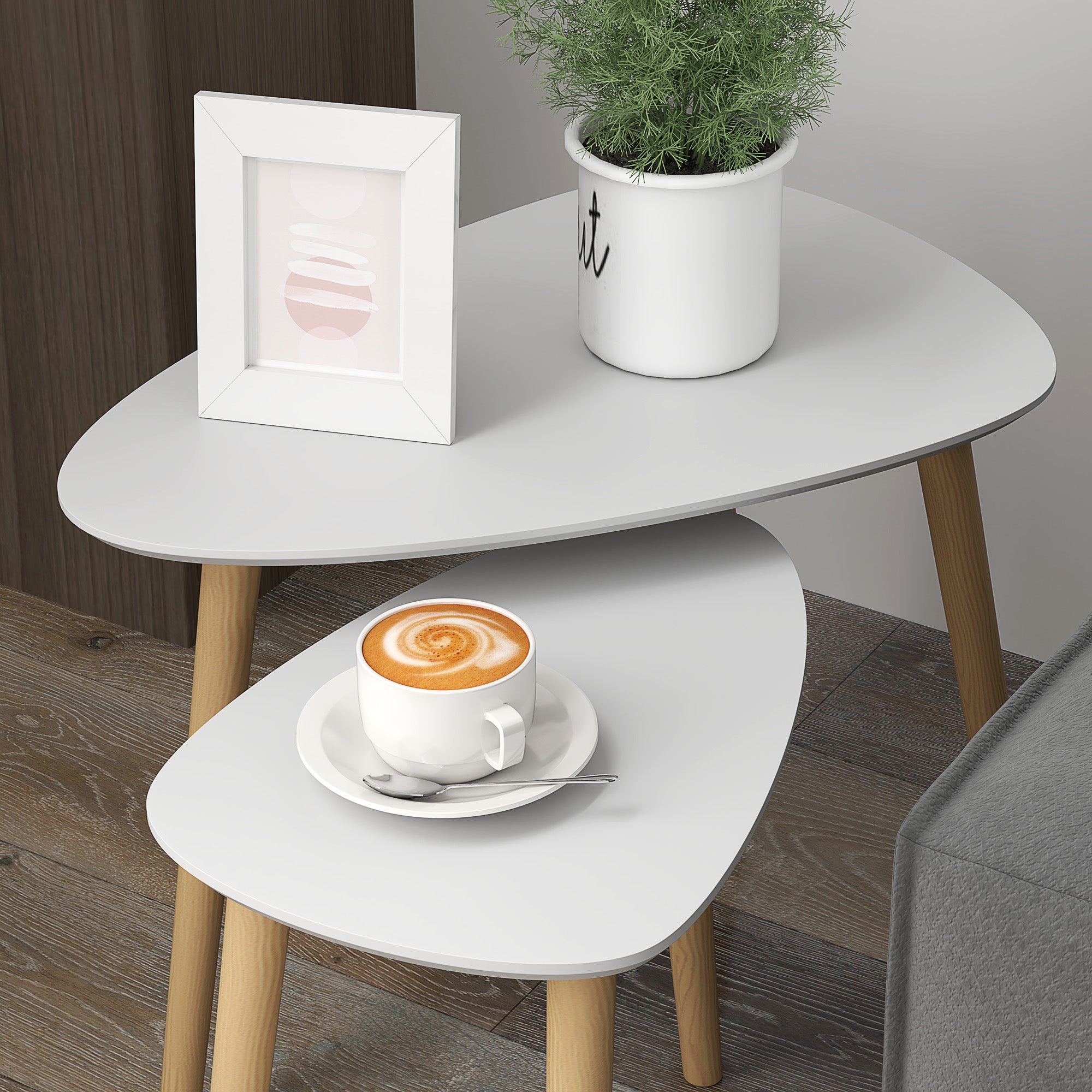 HOMCOM Nesting Coffee Table, Set of 2 Side Tables, Stacking End Tables with Solid Wood Legs, for Living Room Bedroom, Light Grey - North Peak Garden Furniture