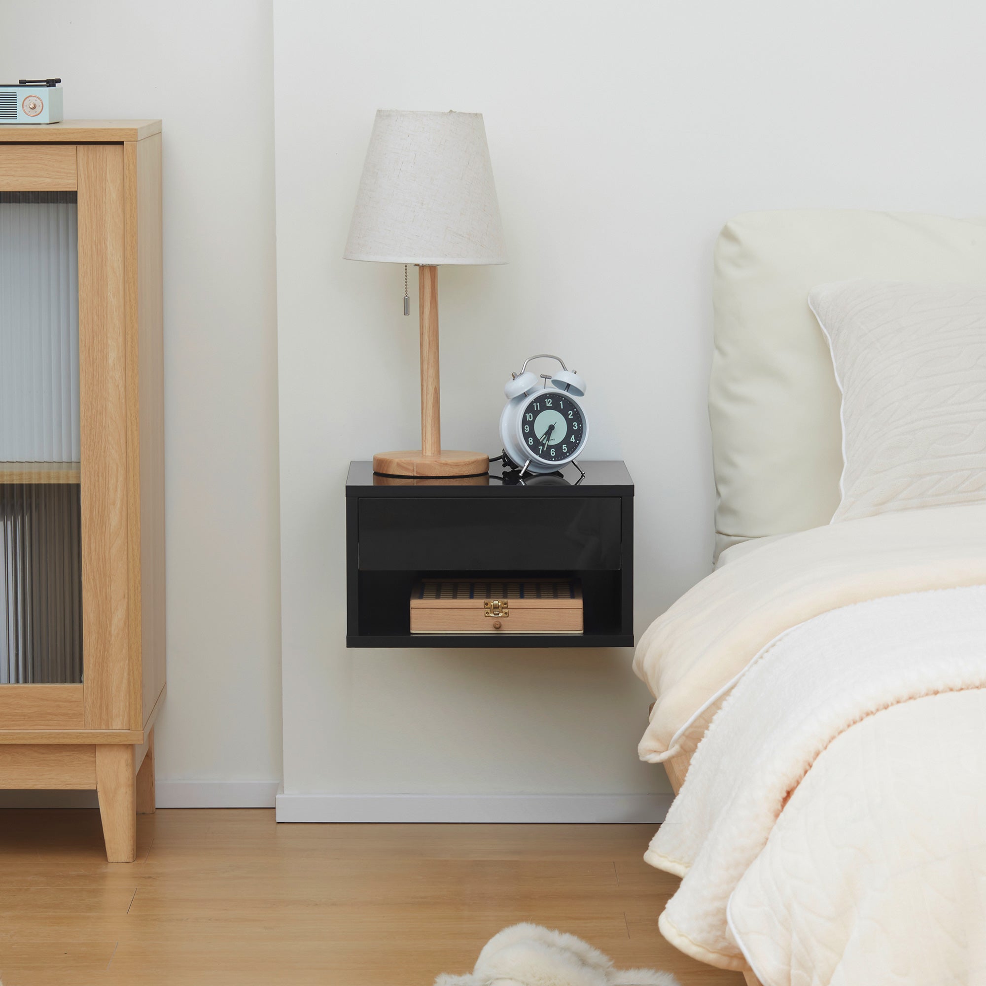 HOMCOM 2 Pieces Bedside Table Wall Mounted Nightstand with Drawer and Shelf for Bedroom, 37 x 32 x 21cm, High Gloss Black - North Peak Garden Furniture