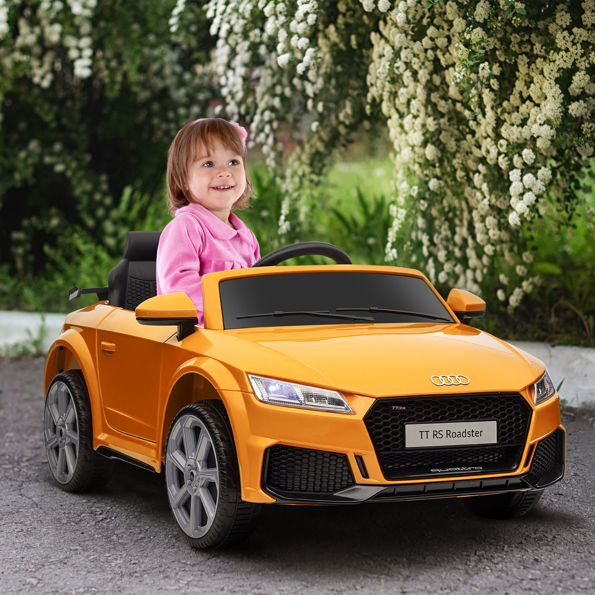 HOMCOM Kids Licensed Audi TT RS Ride-On Car 12V Battery w/ Remote Suspension Headlights and MP3 Player 3km/h Yellow - North Peak Garden Furniture