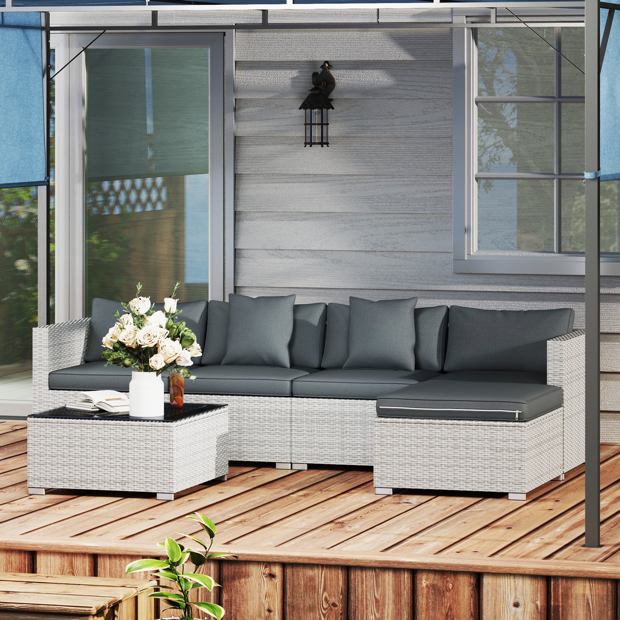 Outsunny 6 Pieces Rattan Corner Sofa Set - Mixed Grey - North Peak Garden Furniture