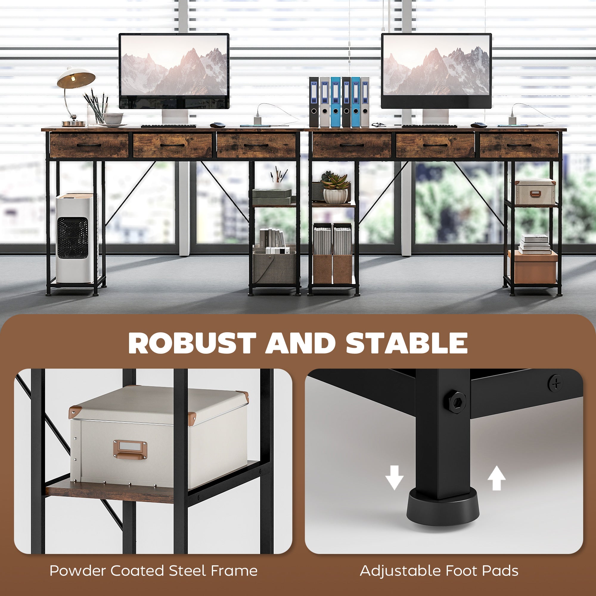HOMCOM 120cm Computer Desk with Power Outlets, Office Desk Study Table with Fabric Drawers and Storage Shelves, Rustic Brown - North Peak Garden Furniture