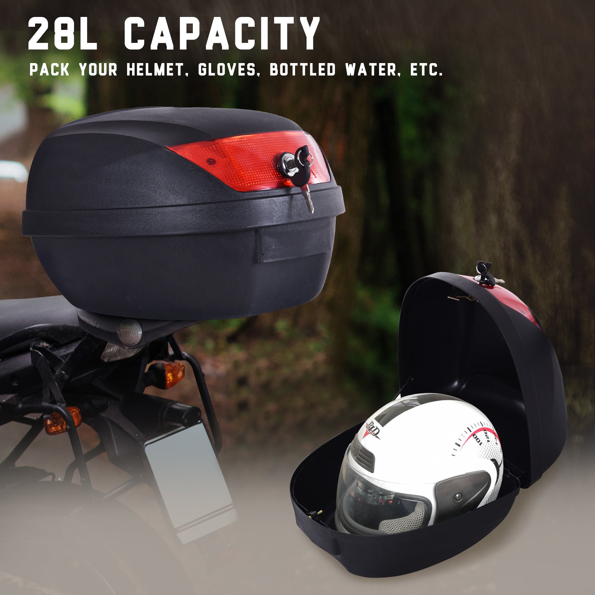 HOMCOM 28L Motorcycle Tail box Helmet Top Case Motorbike Luggage Storage Trunk Carrier Mount Rack w/ 2 Keys - North Peak Garden Furniture